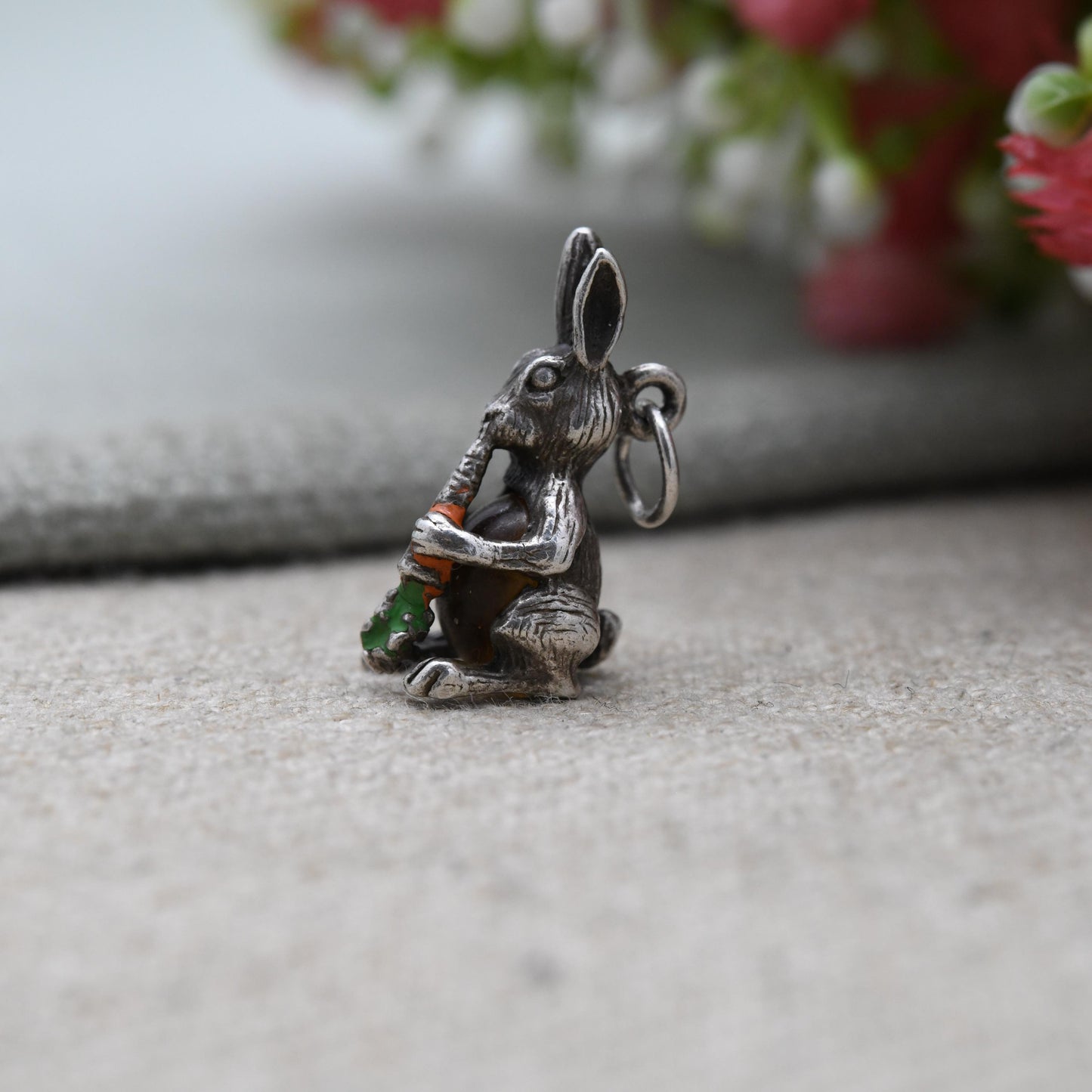 Vintage Sterling Silver Enamel Jelly Belly Rabbit Charm Pendant - Rabbit Eating a Carrot | Nature Lover Charm Bracelet Necklace
