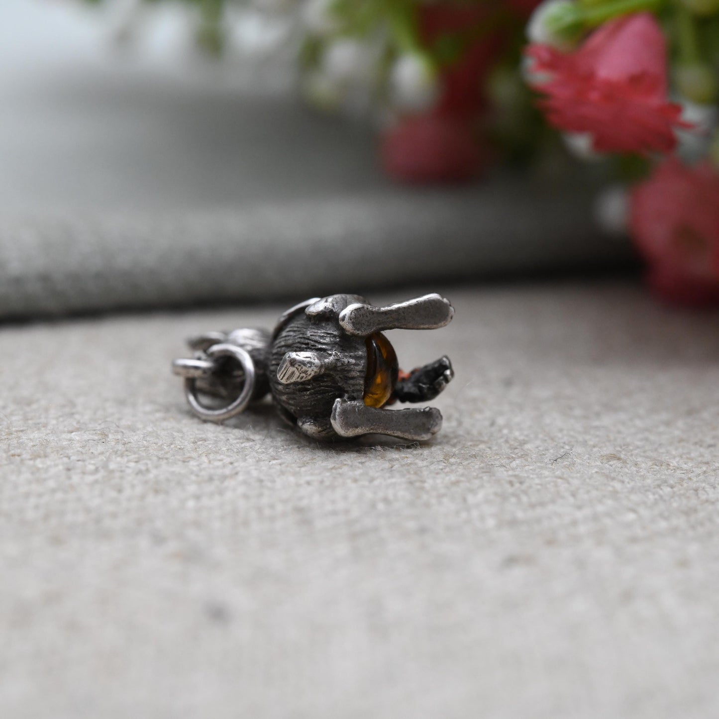 Vintage Sterling Silver Enamel Jelly Belly Rabbit Charm Pendant - Rabbit Eating a Carrot | Nature Lover Charm Bracelet Necklace