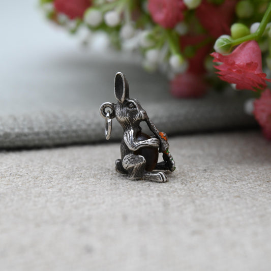 Vintage Sterling Silver Enamel Jelly Belly Rabbit Charm Pendant - Rabbit Eating a Carrot | Nature Lover Charm Bracelet Necklace