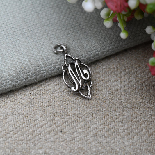 Vintage Sterling Silver Letter M Pendant with Ornate Open Border - Cute Initial Gift Mid-Century Necklace Charm Personalised Jewellery