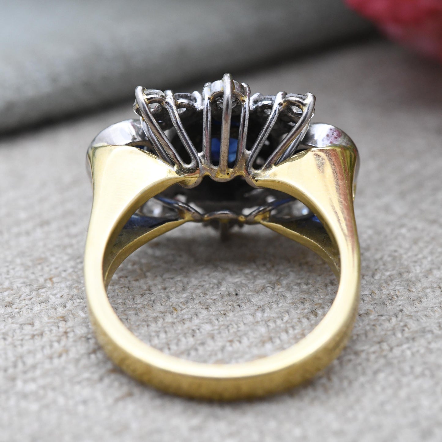 Vintage 18ct Gold Three Stone Sapphire and Diamond Ring 2.4ct - Mid-Century Statement Cocktail Ring Antique Conversion | Size UK N 1/2 US 7