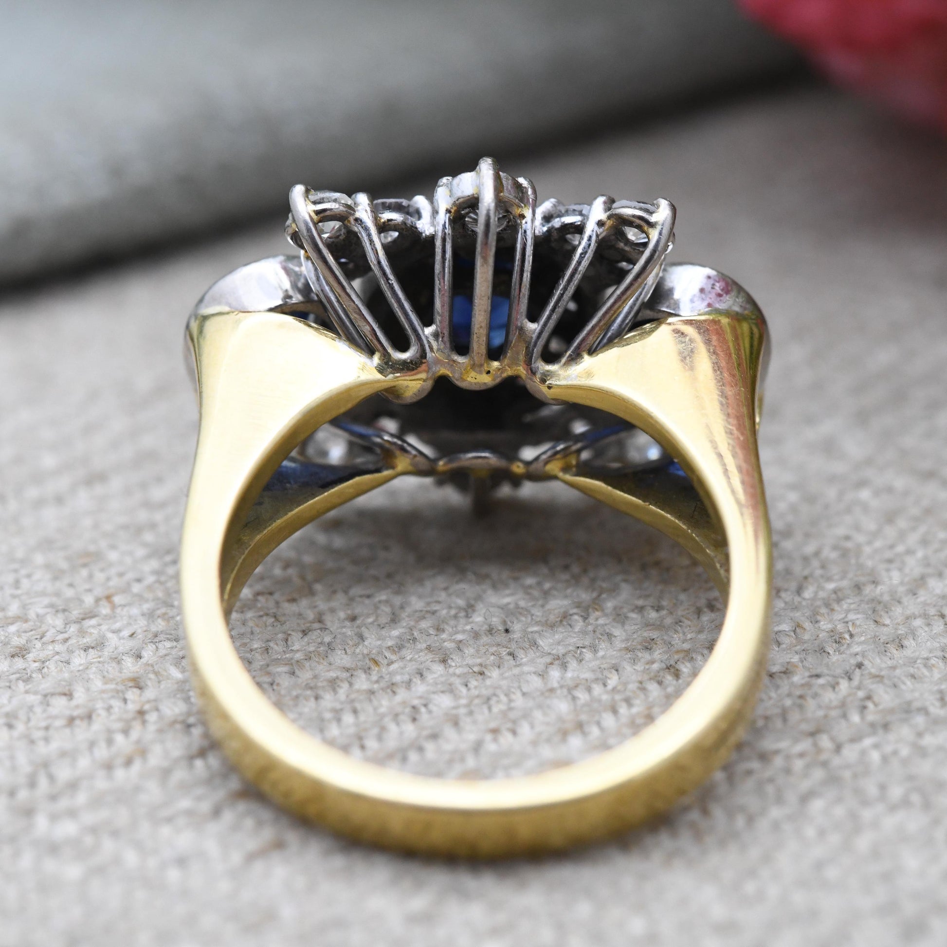 Vintage 18ct Gold Three Stone Sapphire and Diamond Ring 2.4ct - Mid-Century Statement Cocktail Ring Antique Conversion | Size UK N 1/2 US 7