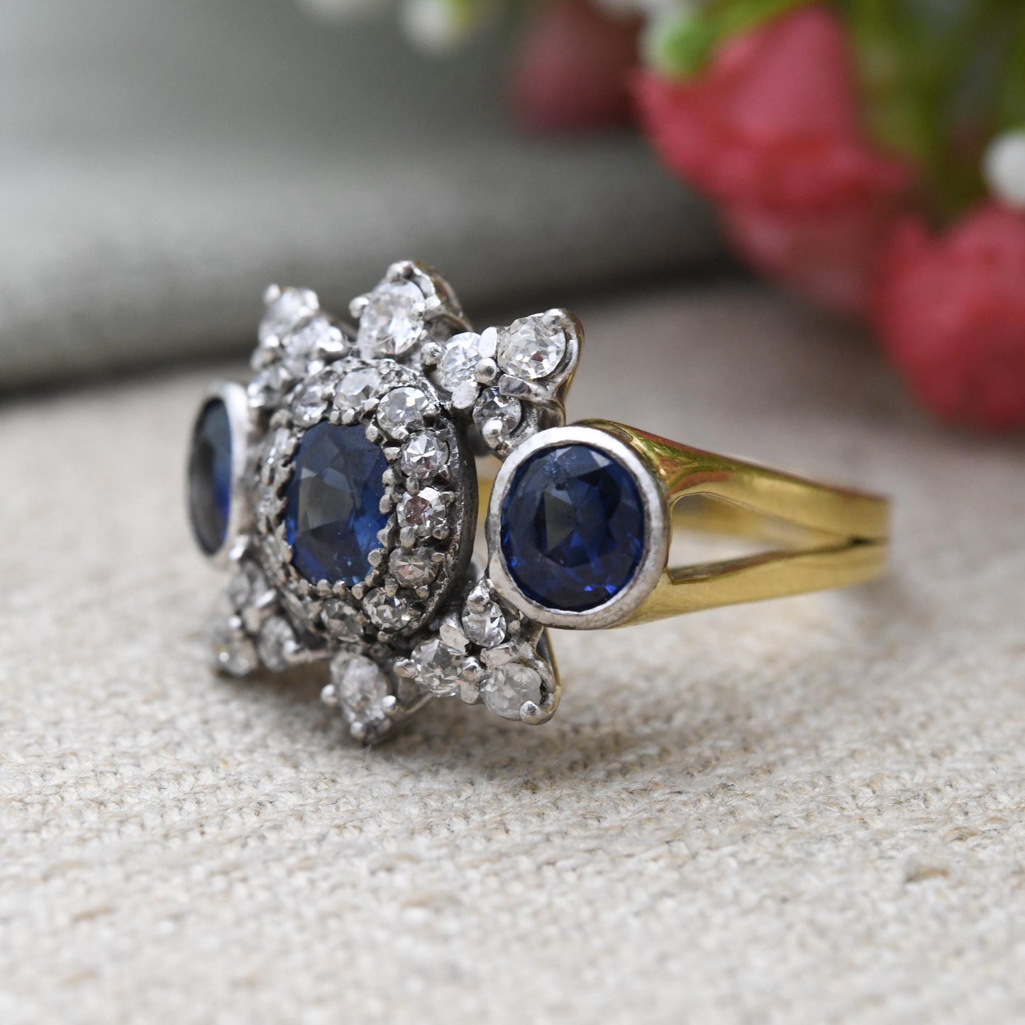 Vintage 18ct Gold Three Stone Sapphire and Diamond Ring 2.4ct - Mid-Century Statement Cocktail Ring Antique Conversion | Size UK N 1/2 US 7
