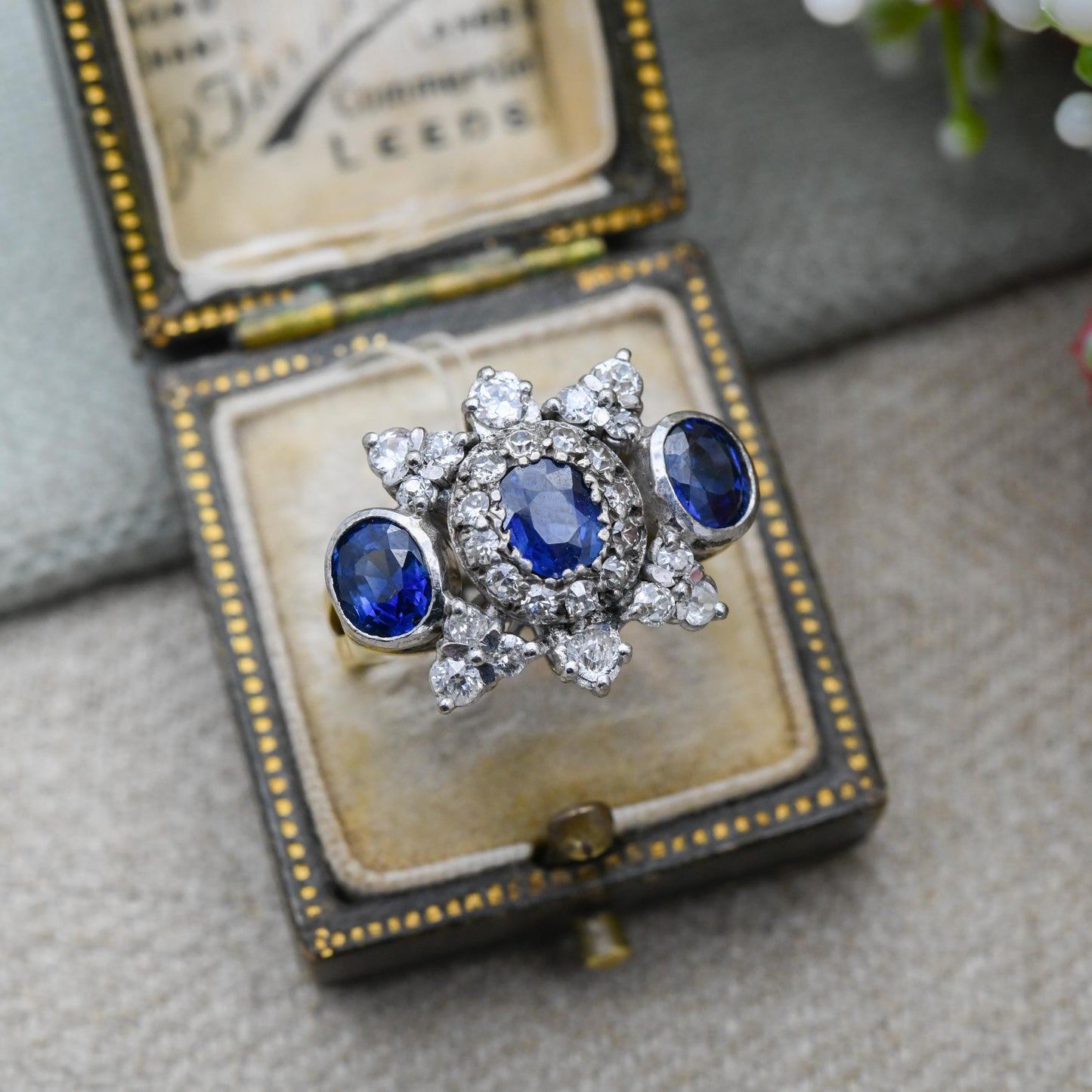 Vintage 18ct Gold Three Stone Sapphire and Diamond Ring 2.4ct - Mid-Century Statement Cocktail Ring Antique Conversion | Size UK N 1/2 US 7