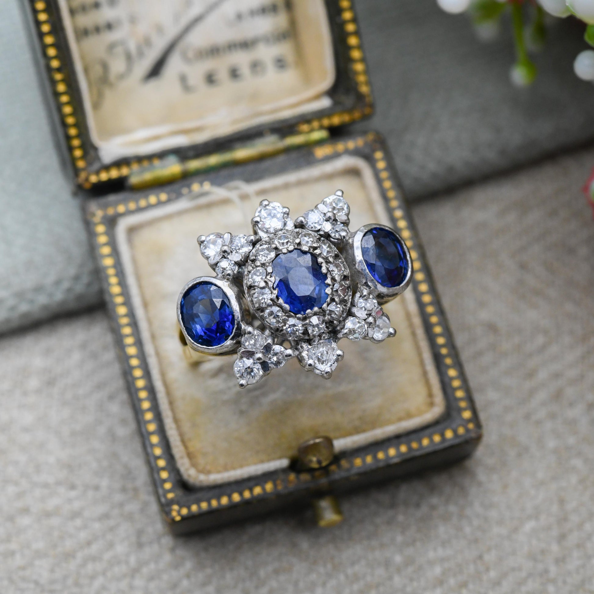 Vintage 18ct Gold Three Stone Sapphire and Diamond Ring 2.4ct - Mid-Century Statement Cocktail Ring Antique Conversion | Size UK N 1/2 US 7