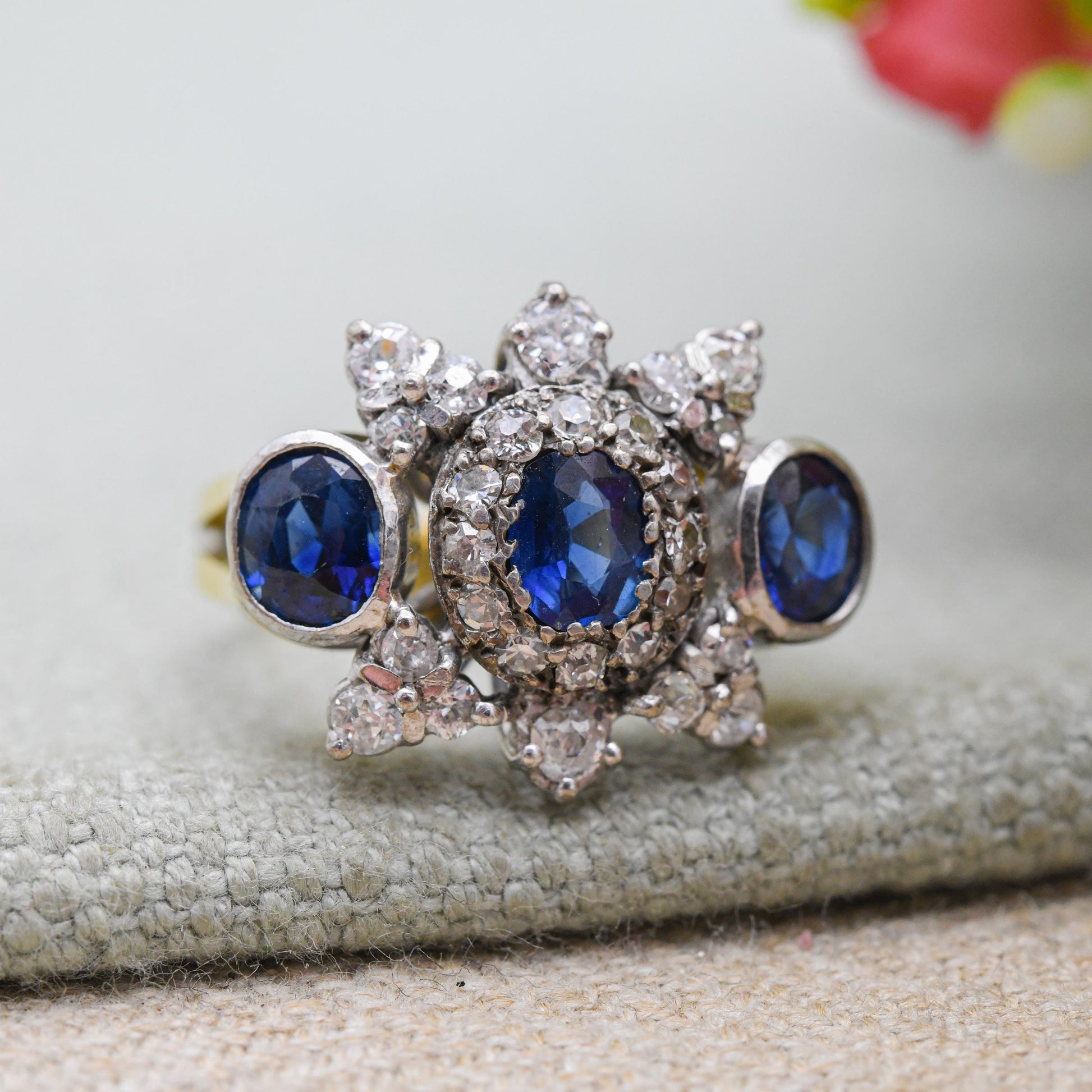 Vintage 18ct Gold Three Stone Sapphire and Diamond Ring 2.4ct - Mid-Century Statement Cocktail Ring Antique Conversion | Size UK N 1/2 US 7