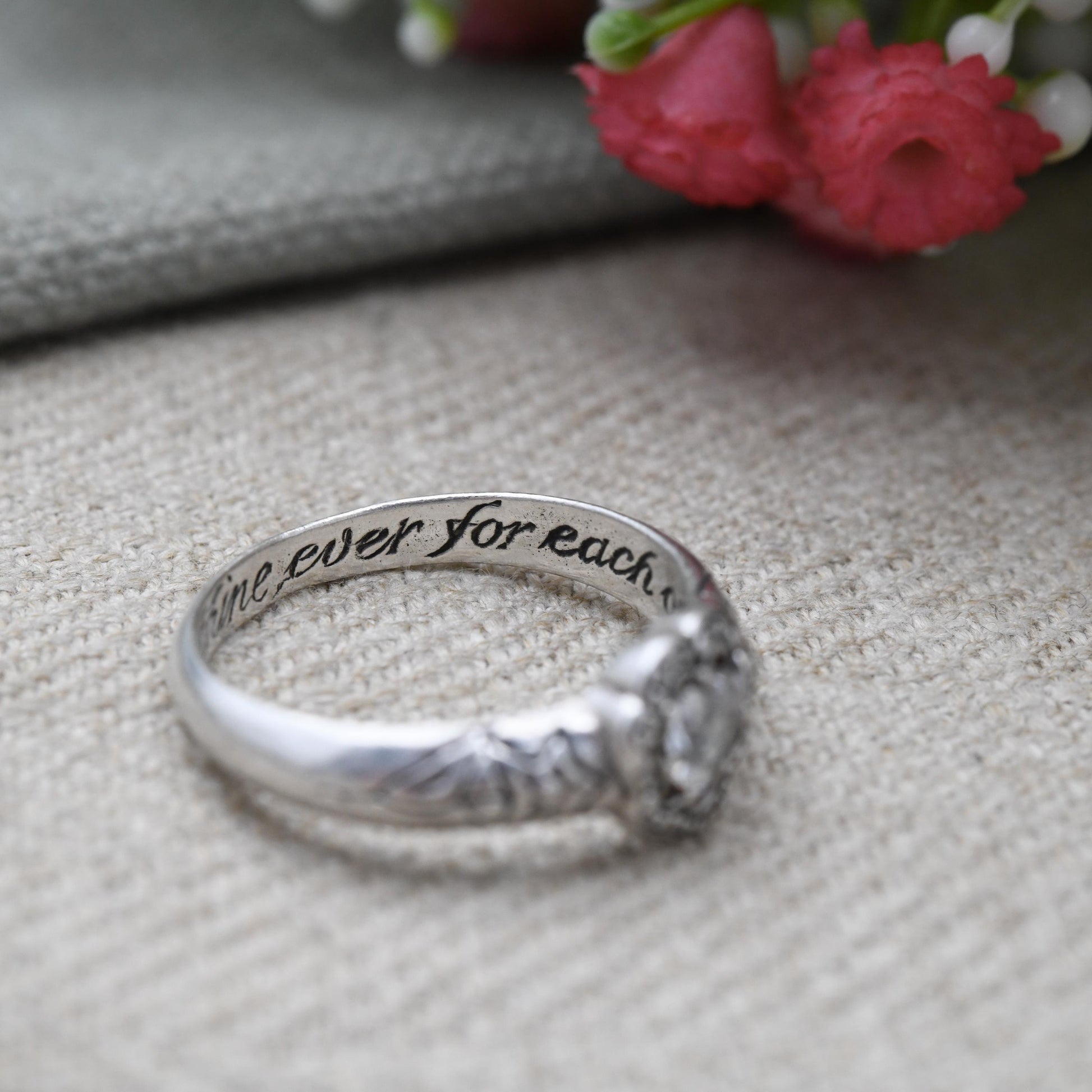 Sterling Silver Posy Ring - Ever Mine, Ever Thine, Ever For Each Other | Hidden Secret Message Band | Size UK - R 1/2 | US - 9 1/4
