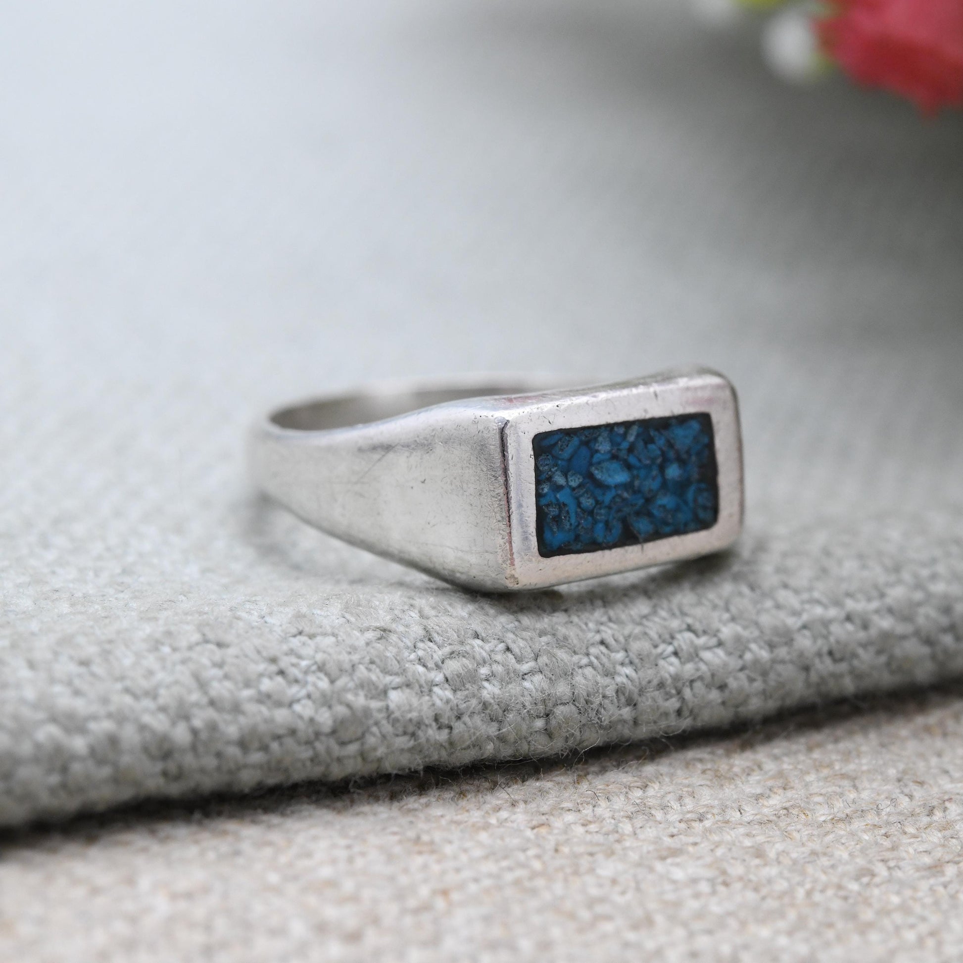 Vintage Sterling Silver Turquoise Signet Ring - Crushed Turquoise | Blue Stone | UK Size - O | US Size - 7 3/4