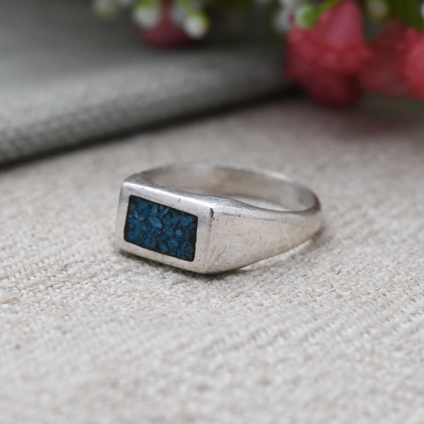 Vintage Sterling Silver Turquoise Signet Ring - Crushed Turquoise | Blue Stone | UK Size - O | US Size - 7 3/4
