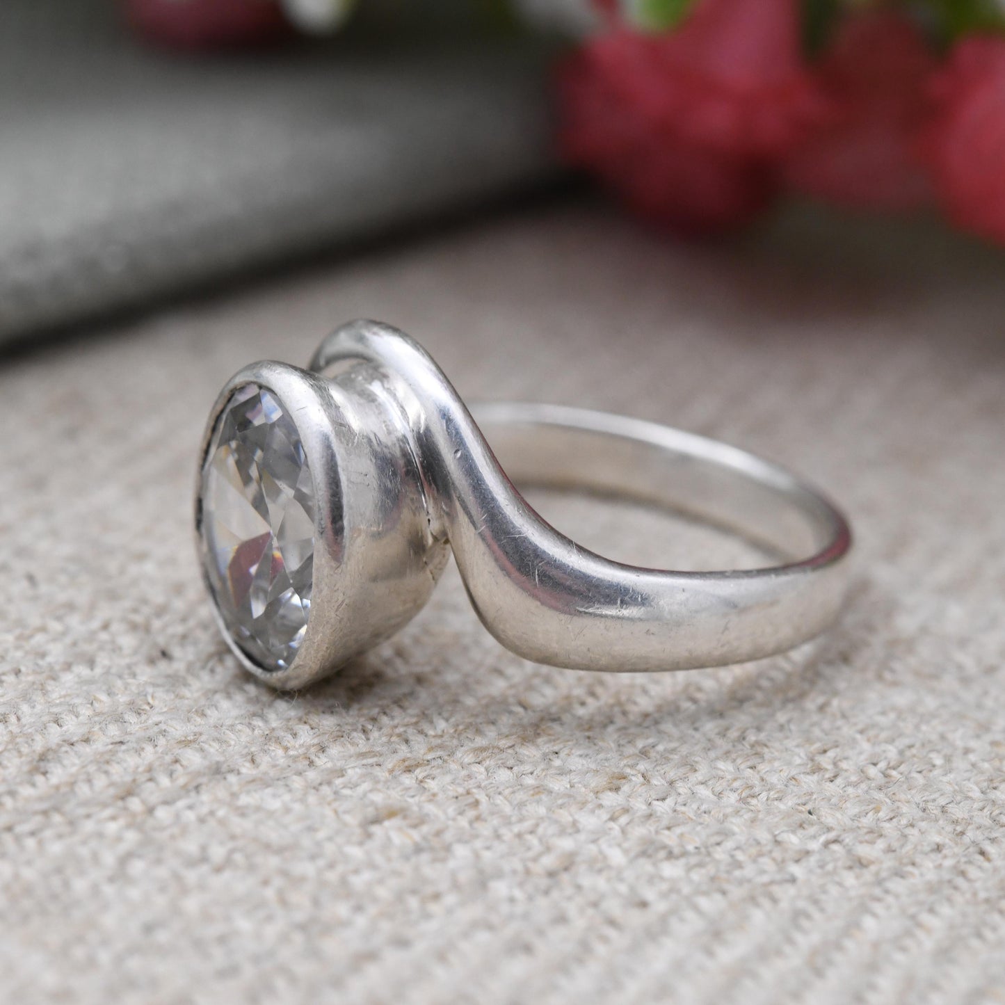 Chunky Sterling Silver Kit Heath Clear Stone Ring- Large Faceted Clear Gemstone Ring | UK Size - N 1/2 | US Size - 7 1/4