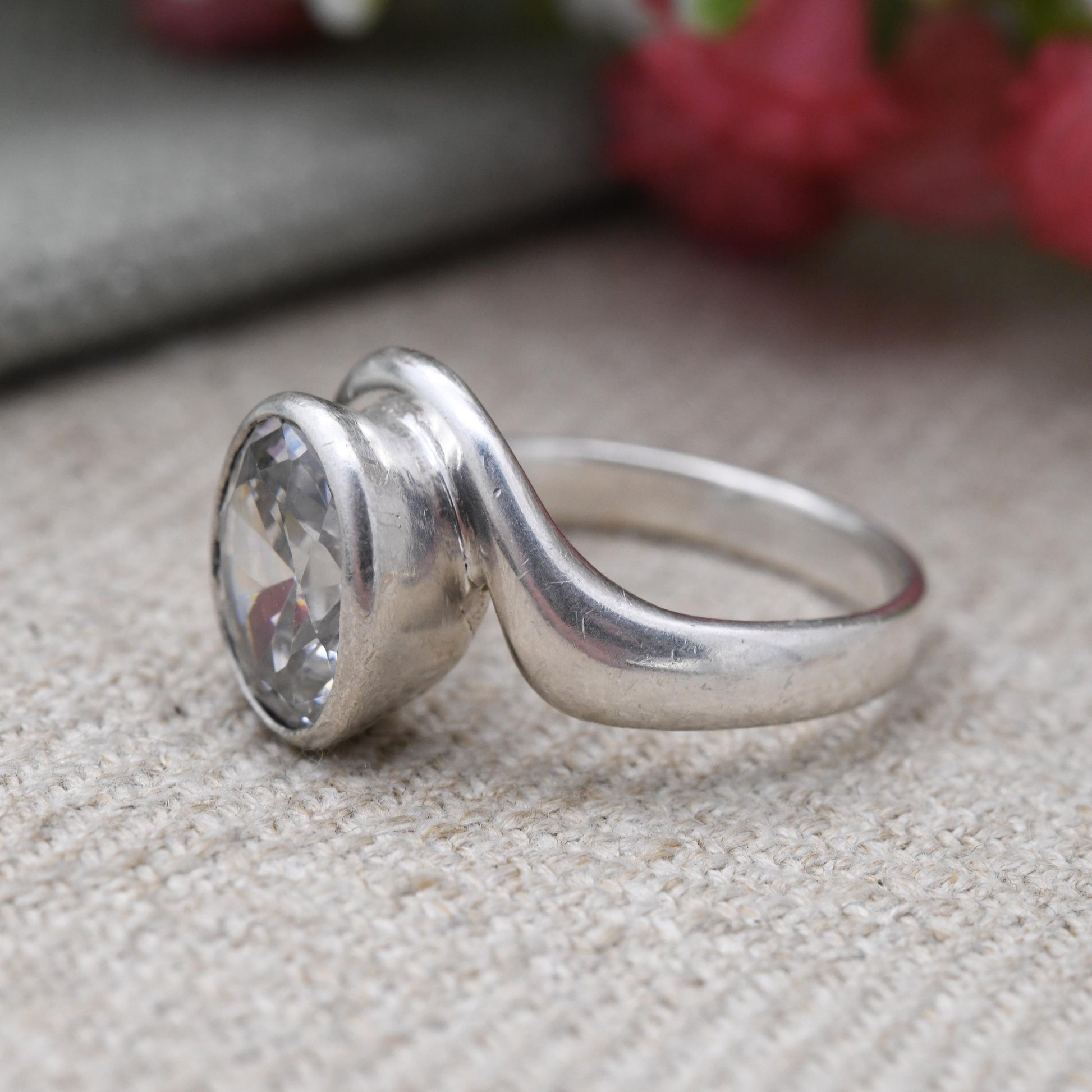 Chunky Sterling Silver Kit Heath Clear Stone Ring- Large Faceted Clear Gemstone Ring | UK Size - N 1/2 | US Size - 7 1/4