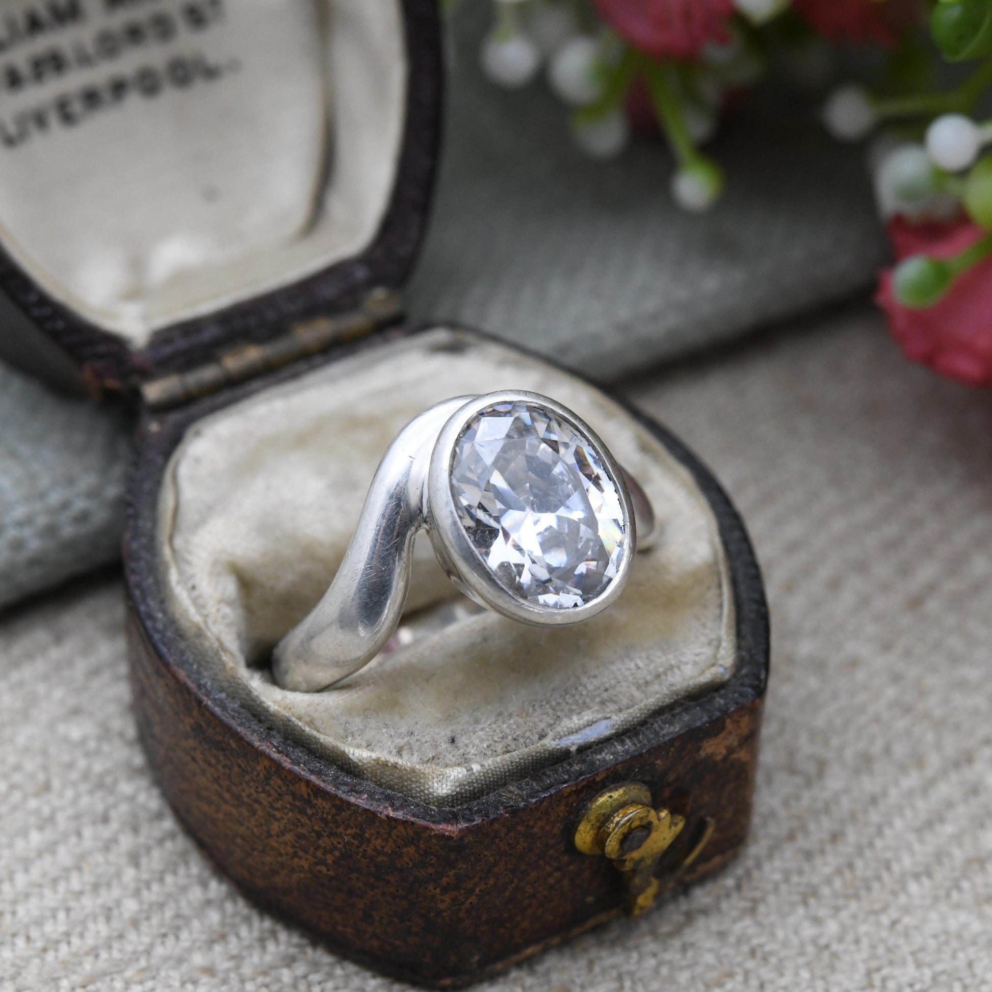 Chunky Sterling Silver Kit Heath Clear Stone Ring- Large Faceted Clear Gemstone Ring | UK Size - N 1/2 | US Size - 7 1/4