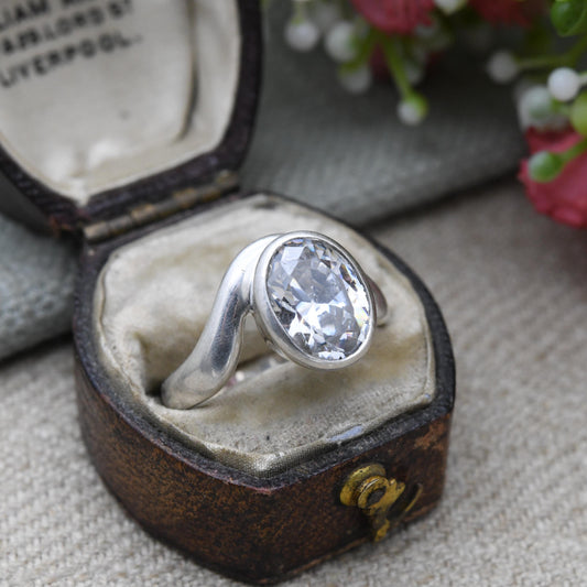 Chunky Sterling Silver Kit Heath Clear Stone Ring- Large Faceted Clear Gemstone Ring | UK Size - N 1/2 | US Size - 7 1/4