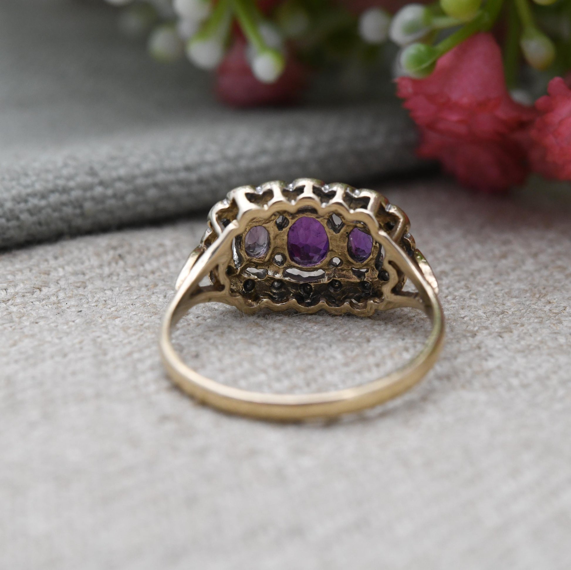 Vintage 9ct Gold Amethyst & Diamond Three Stone Ring 1993 - Antique Style Trilogy Ring | Pretty Gift | UK Size - P | US Size - 8