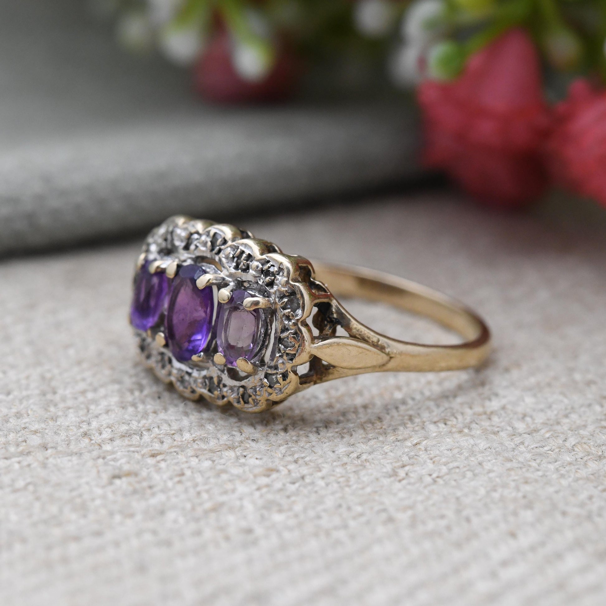 Vintage 9ct Gold Amethyst & Diamond Three Stone Ring 1993 - Antique Style Trilogy Ring | Pretty Gift | UK Size - P | US Size - 8