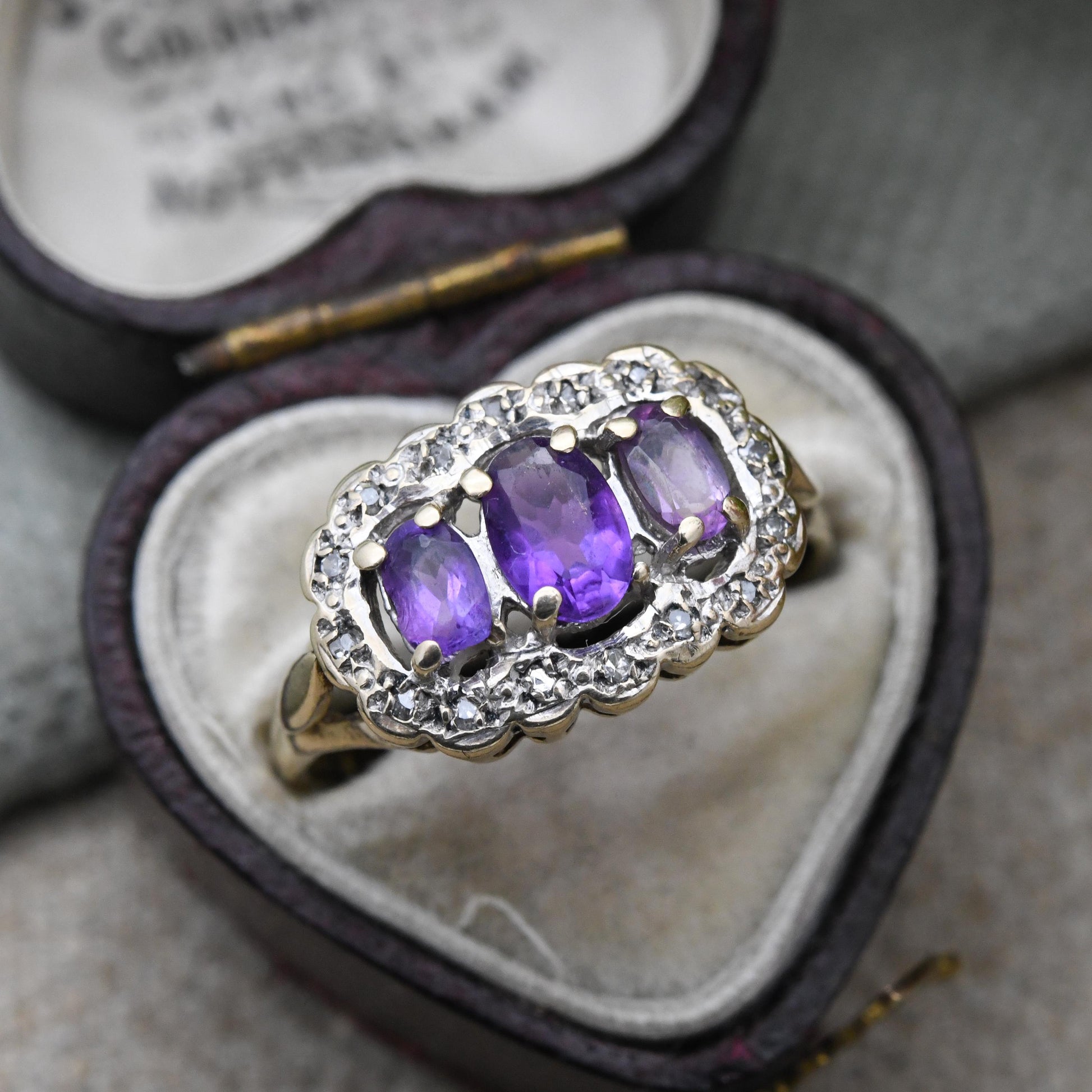 Vintage 9ct Gold Amethyst & Diamond Three Stone Ring 1993 - Antique Style Trilogy Ring | Pretty Gift | UK Size - P | US Size - 8