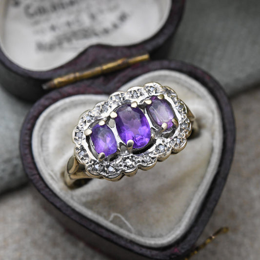 Vintage 9ct Gold Amethyst & Diamond Three Stone Ring 1993 - Antique Style Trilogy Ring | Pretty Gift | UK Size - P | US Size - 8