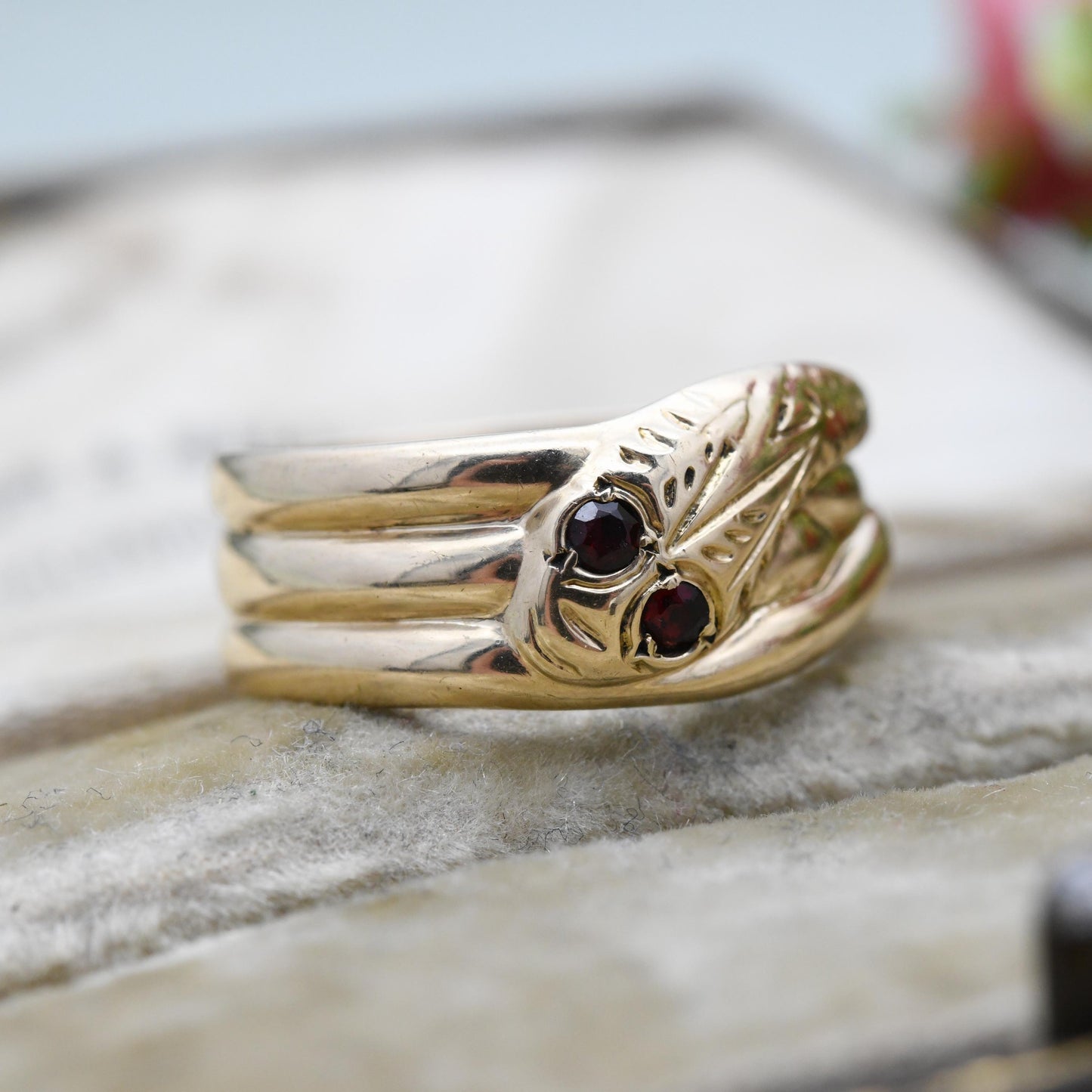 Vintage 9ct Gold Garnet Snake Ring - Victorian Style Snake Band | Garnet Eyes | Unusual Unisex Engagement | UK Size - Q | US Size - 8 1/4