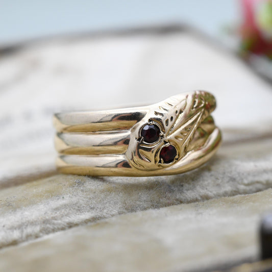 Vintage 9ct Gold Garnet Snake Ring - Victorian Style Snake Band | Garnet Eyes | Unusual Unisex Engagement | UK Size - Q | US Size - 8 1/4