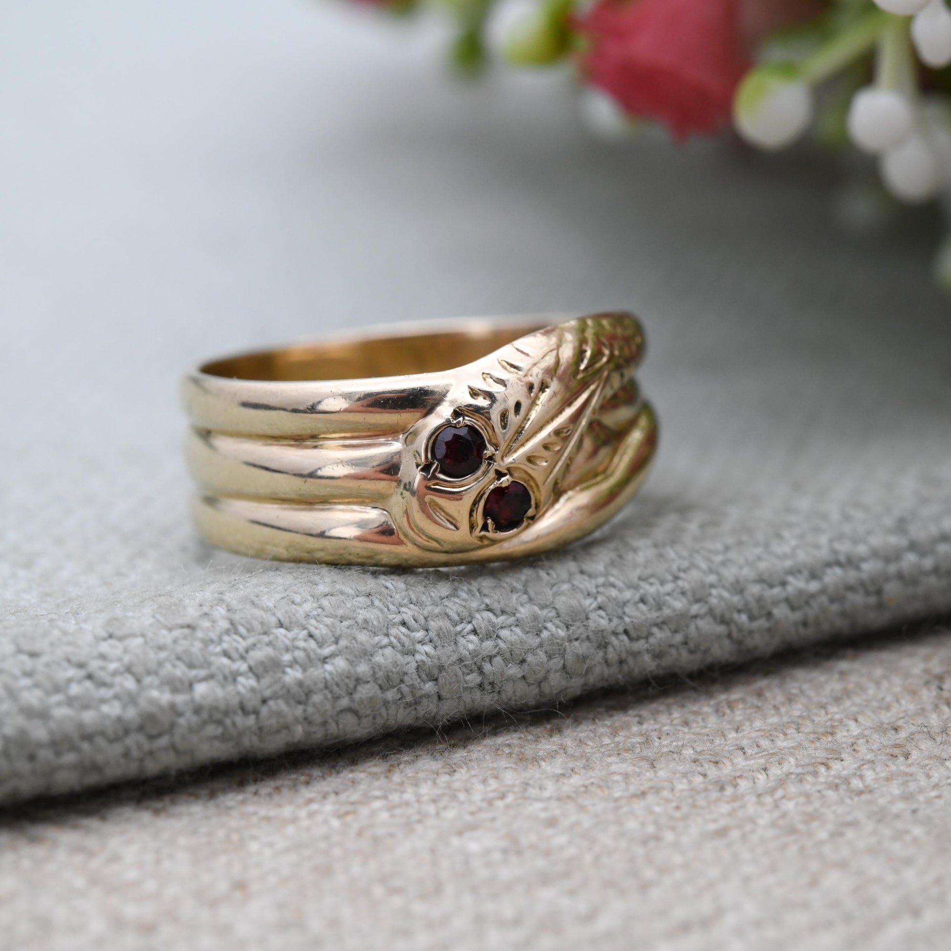 Vintage 9ct Gold Garnet Snake Ring - Victorian Style Snake Band | Garnet Eyes | Unusual Unisex Engagement | UK Size - Q | US Size - 8 1/4