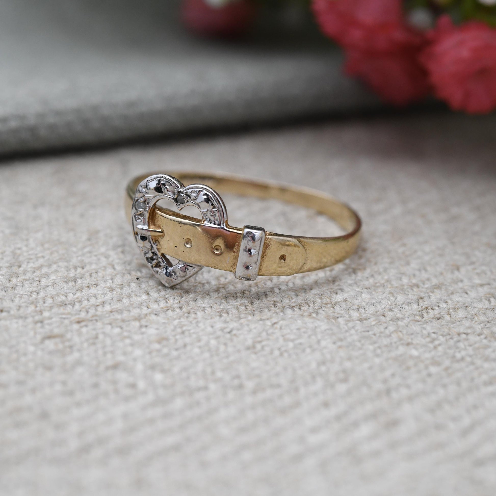 Vintage 9ct Gold Diamond Heart Buckle Ring – Yellow & White Gold Open Heart Design | Sentimental Gift | UK Size - T | US Size - 9 3/4