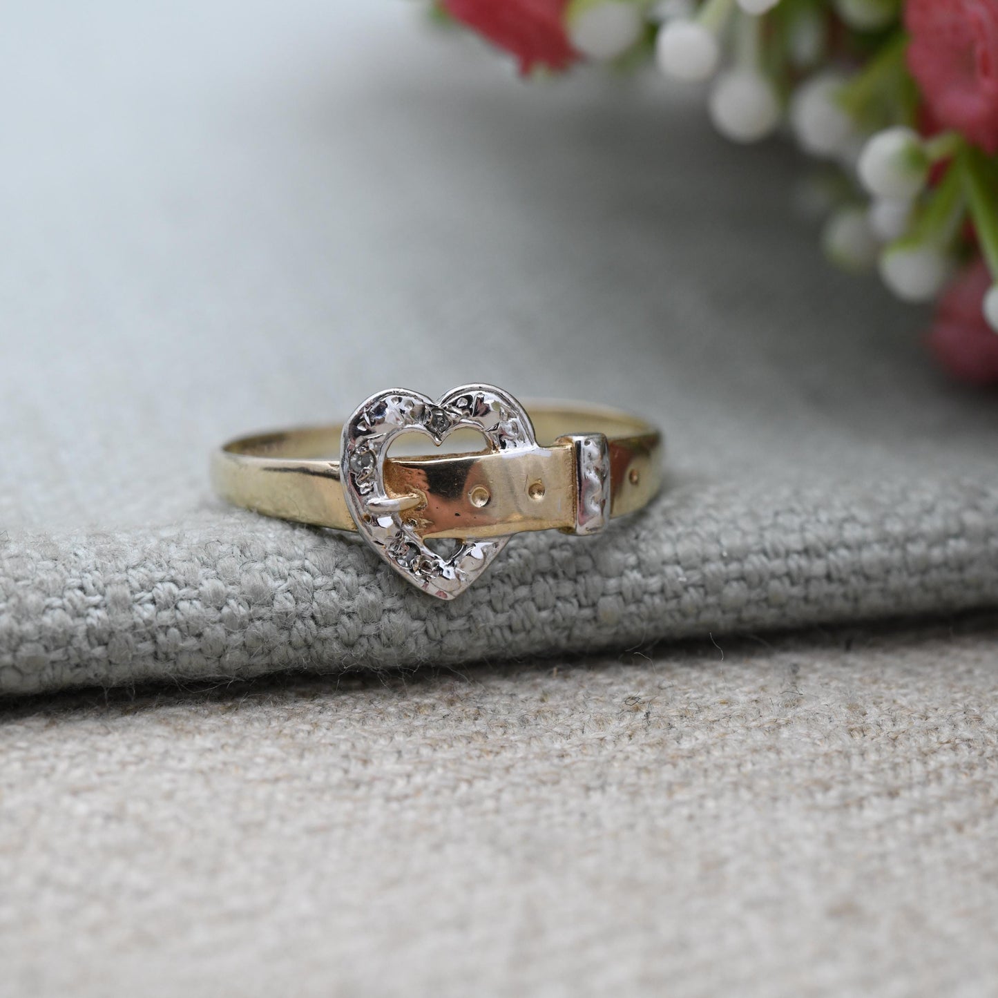 Vintage 9ct Gold Diamond Heart Buckle Ring – Yellow & White Gold Open Heart Design | Sentimental Gift | UK Size - T | US Size - 9 3/4