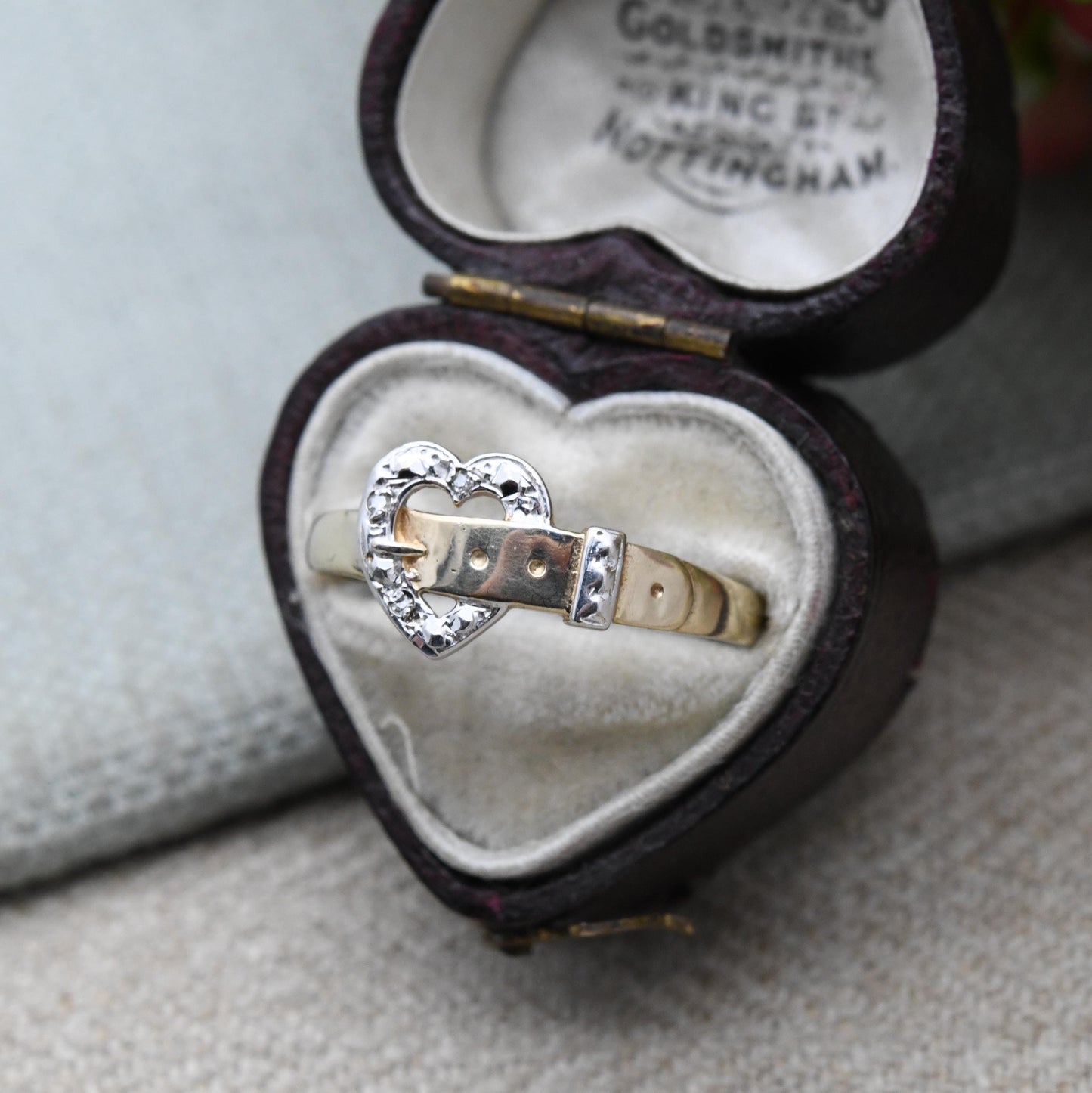 Vintage 9ct Gold Diamond Heart Buckle Ring – Yellow & White Gold Open Heart Design | Sentimental Gift | UK Size - T | US Size - 9 3/4