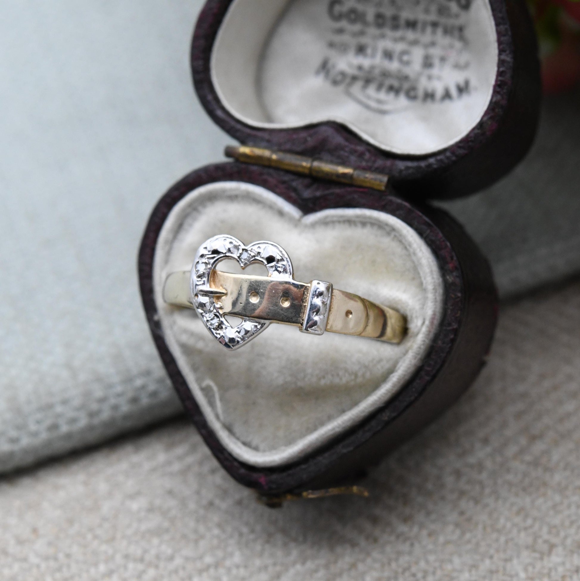 Vintage 9ct Gold Diamond Heart Buckle Ring – Yellow & White Gold Open Heart Design | Sentimental Gift | UK Size - T | US Size - 9 3/4