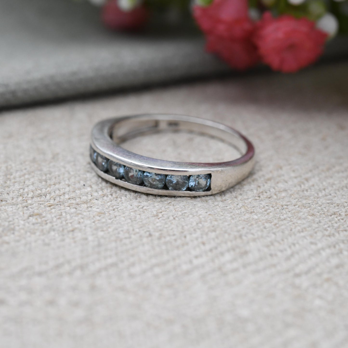 Sterling Silver Blue Stone Half Eternity Ring - Flush Channel | Placeholder | Stacking Band | UK Size - T 1/2 | US Size - 10