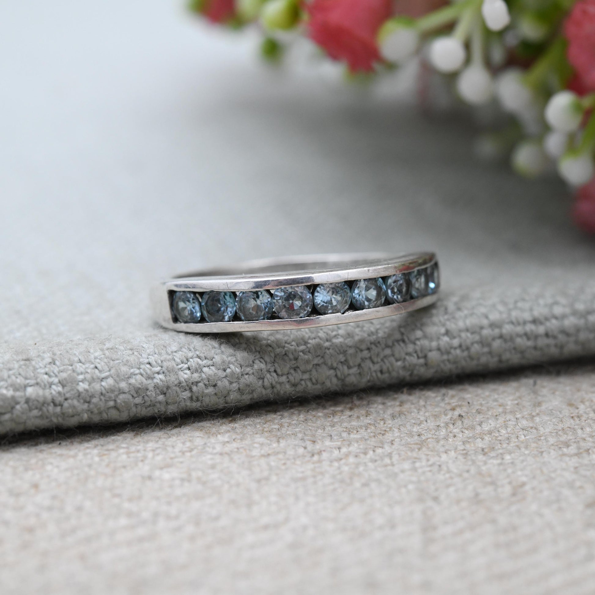 Sterling Silver Blue Stone Half Eternity Ring - Flush Channel | Placeholder | Stacking Band | UK Size - T 1/2 | US Size - 10