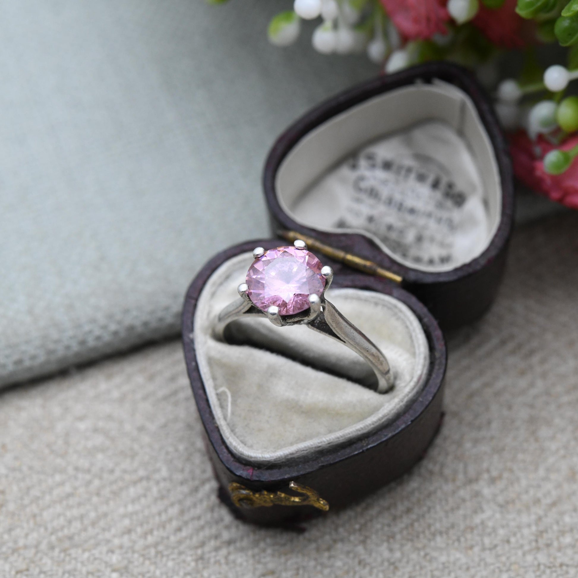 Vintage Sterling Silver Pink Stone Solitaire Ring - Statement Large Faceted Stone | Pretty Gift for Her | UK Size - P | US Size - 7 3/4