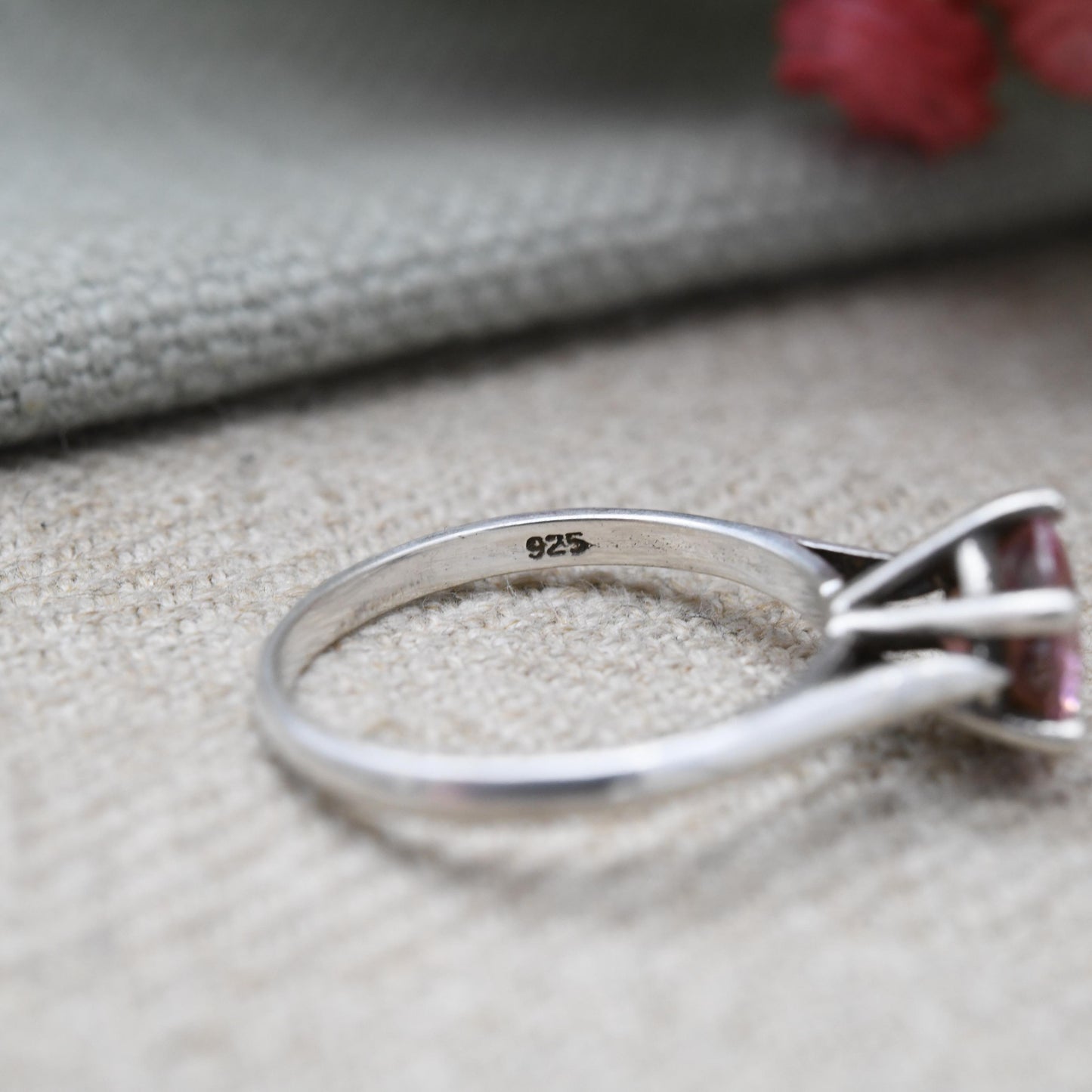Vintage Sterling Silver Pink Stone Solitaire Ring - Statement Large Faceted Stone | Pretty Gift for Her | UK Size - P | US Size - 7 3/4