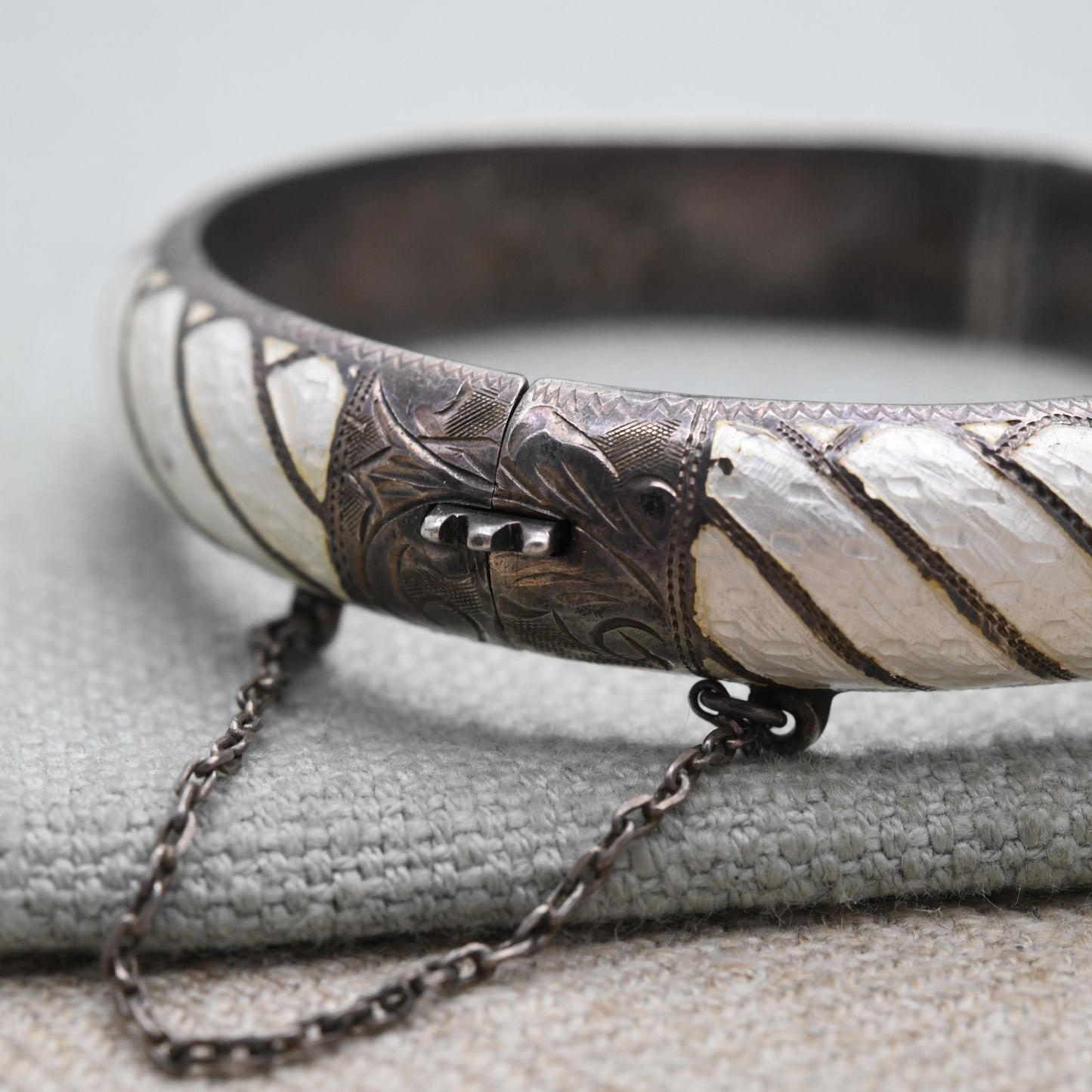 Vintage Sterling Silver & Enamel Siam Bangle Bracelet - Gorgeous White Enamel | Thailand | Mid-Century | Gift for Her