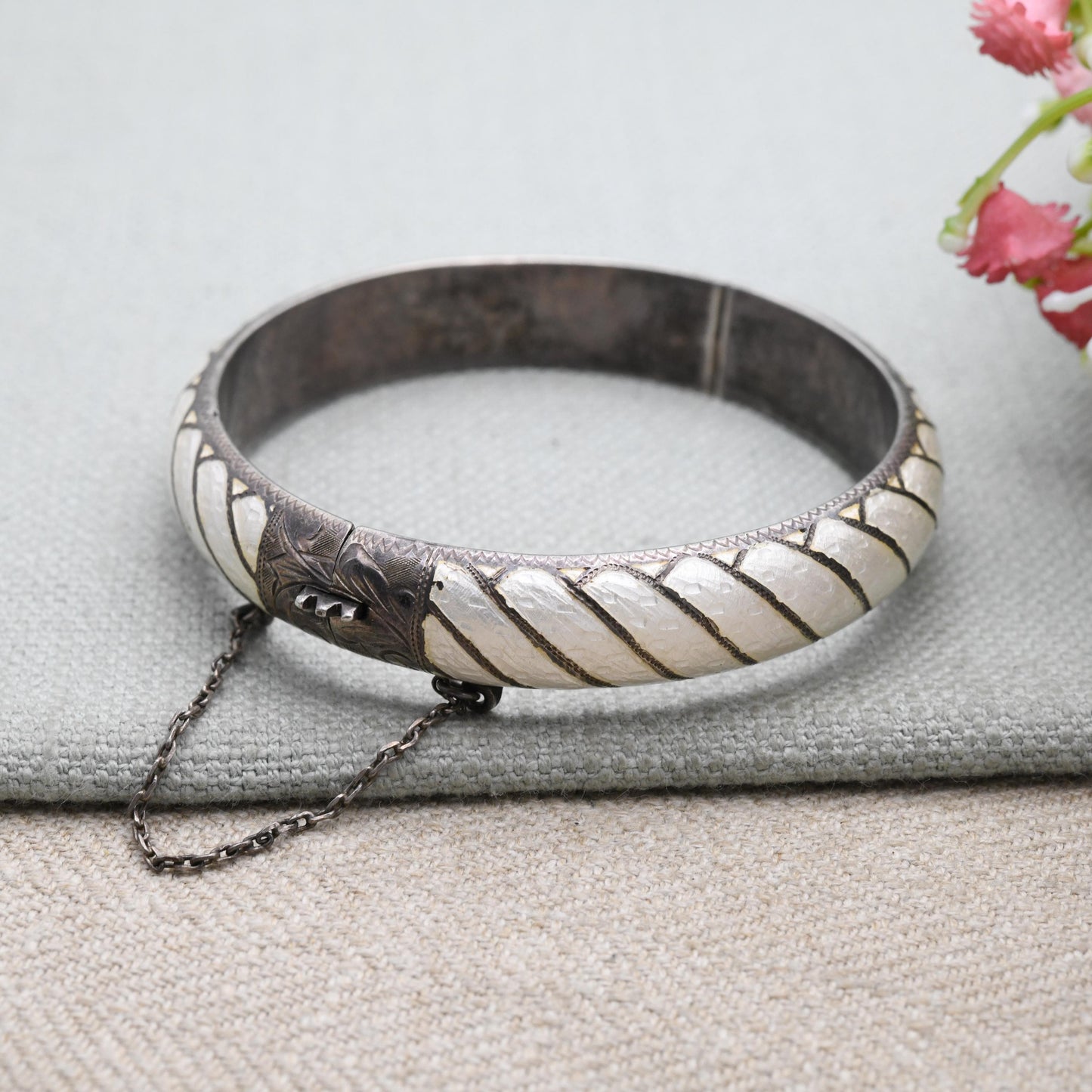 Vintage Sterling Silver & Enamel Siam Bangle Bracelet - Gorgeous White Enamel | Thailand | Mid-Century | Gift for Her