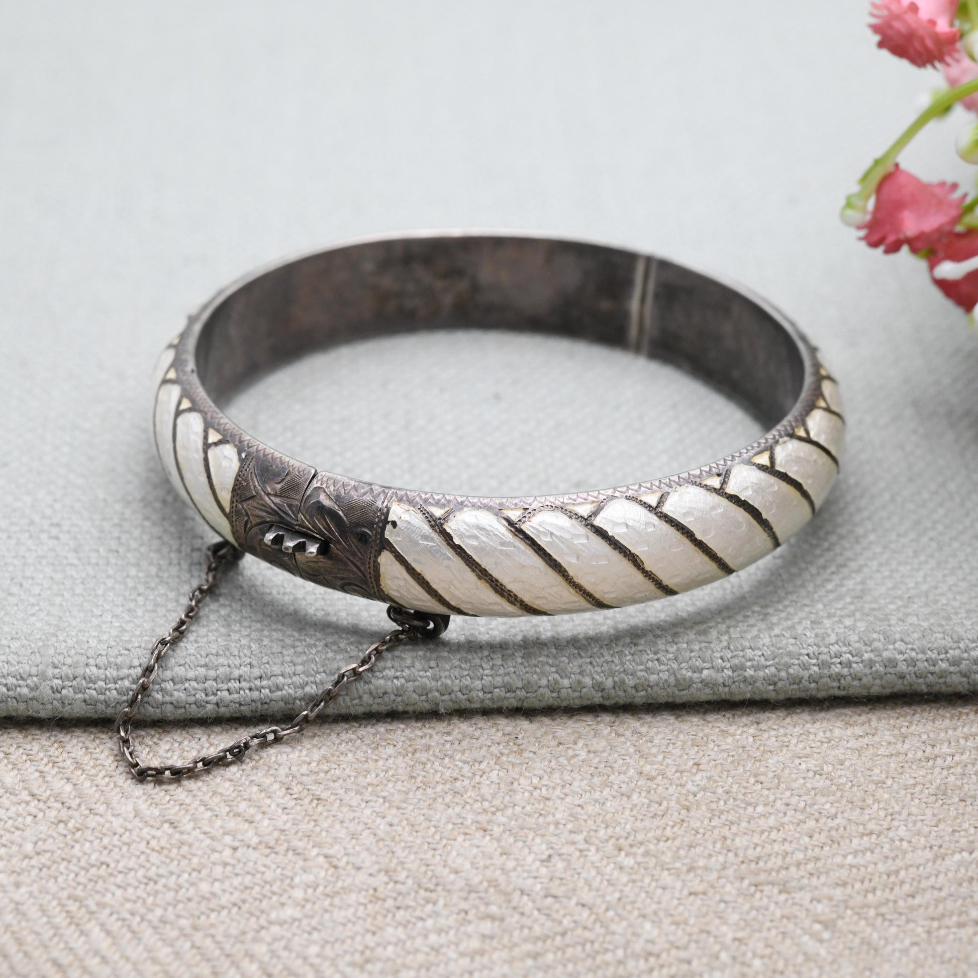 Vintage Sterling Silver & Enamel Siam Bangle Bracelet - Gorgeous White Enamel | Thailand | Mid-Century | Gift for Her