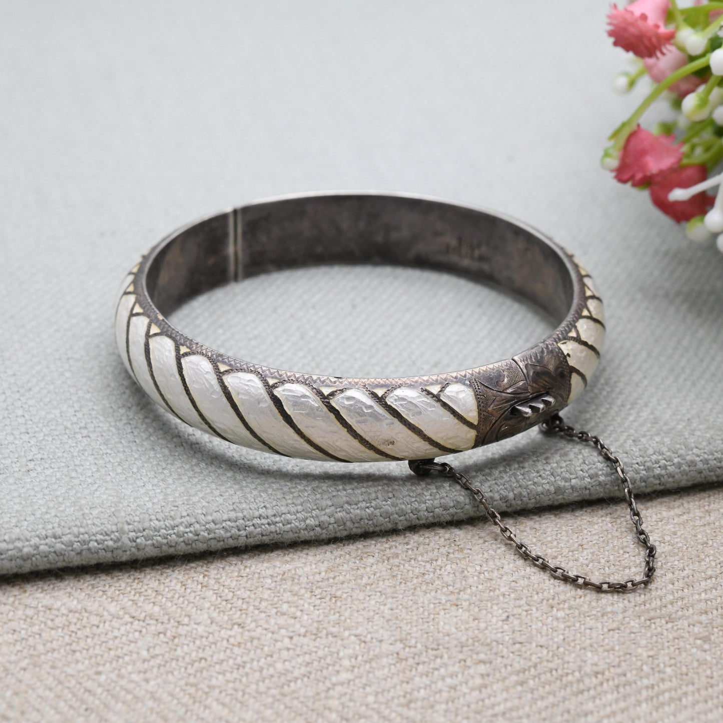 Vintage Sterling Silver & Enamel Siam Bangle Bracelet - Gorgeous White Enamel | Thailand | Mid-Century | Gift for Her