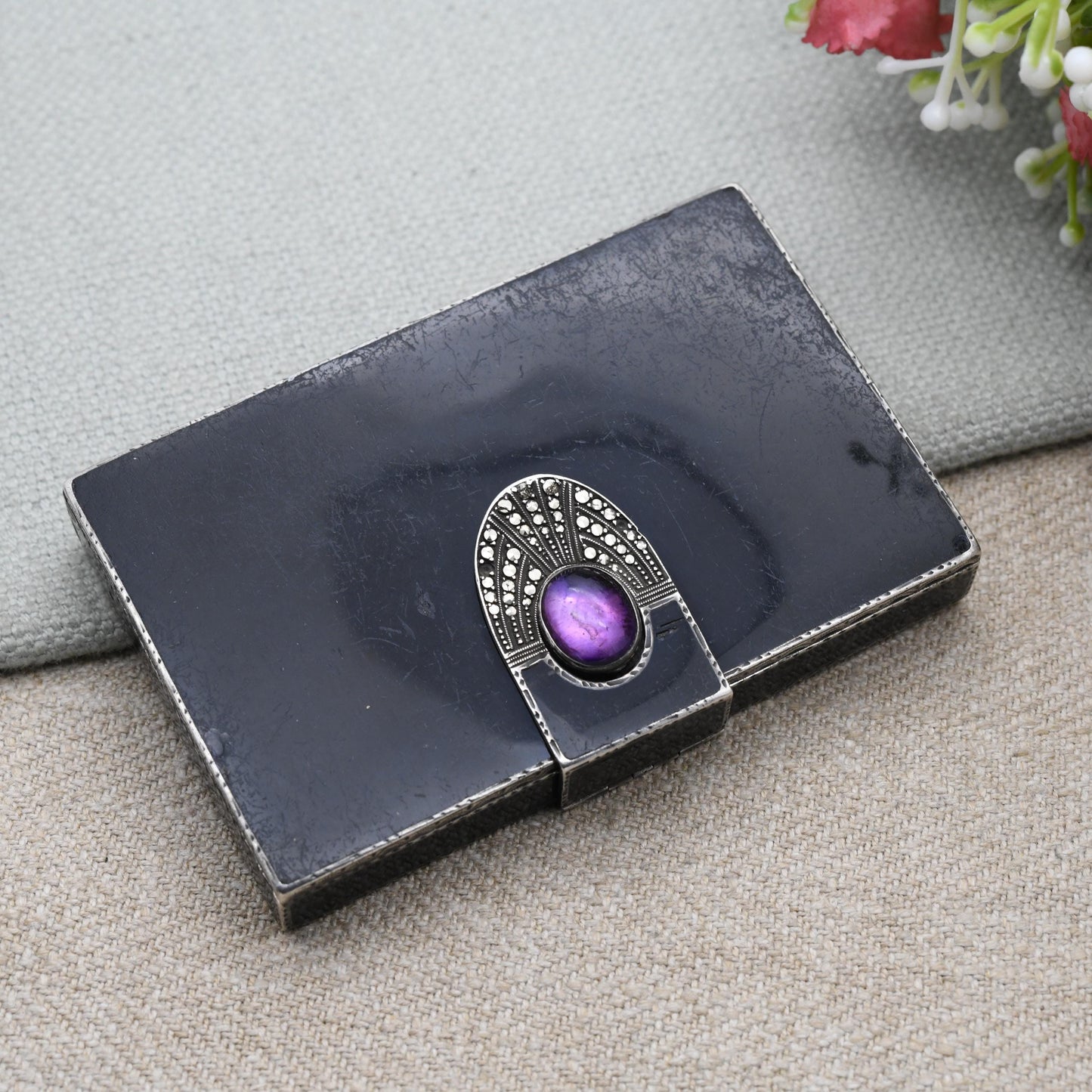 Art Deco Sterling Silver Cigarette Case 1928 by G.S – Black Enamel, Amethyst & Marcasite | Antique Compact Box with Closing Latch