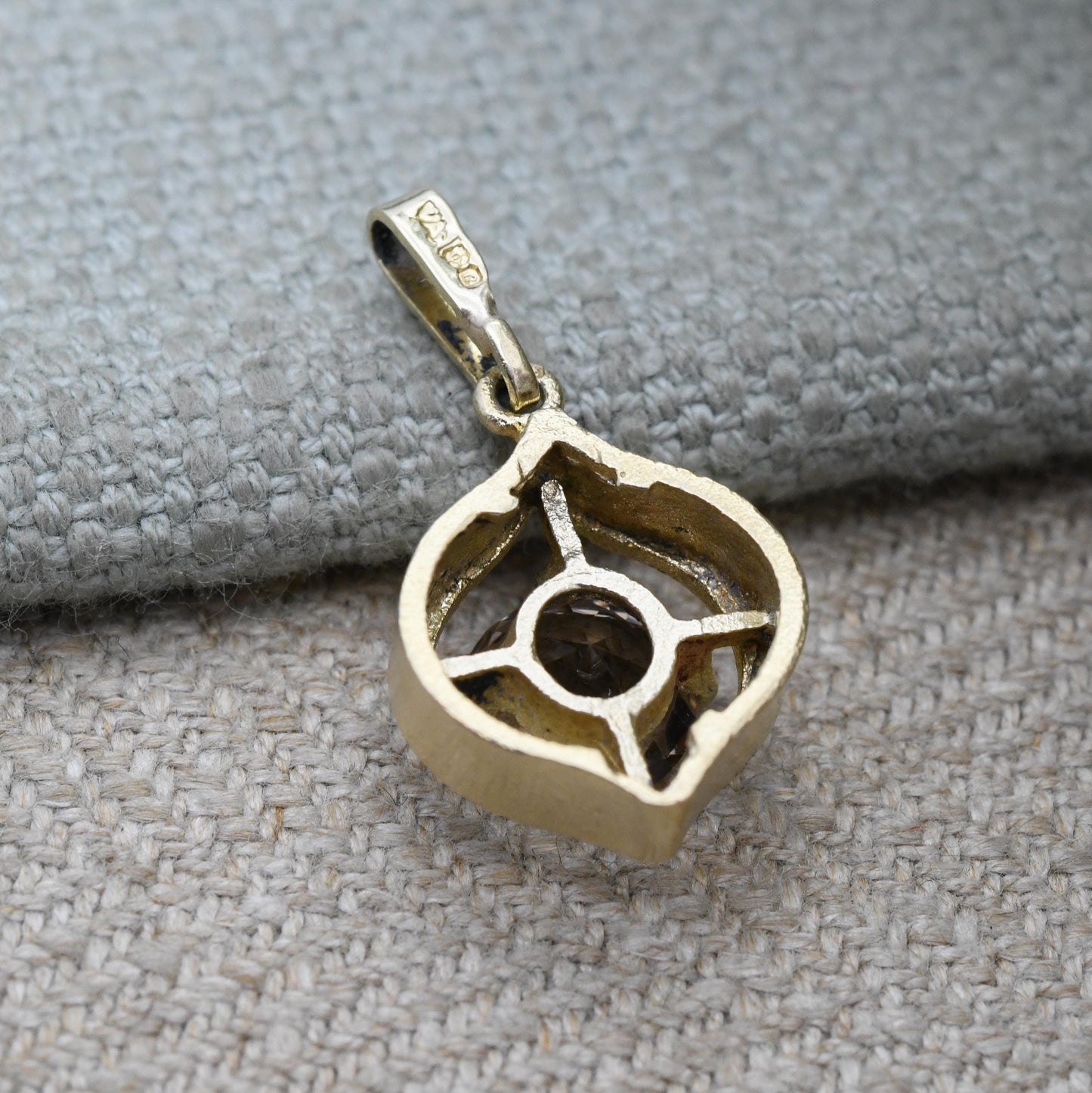 Vintage 9ct Gold Smoky Quartz Pendant 1977 - Ornate Gemstone Necklace Charm Pendant | Mid-Century