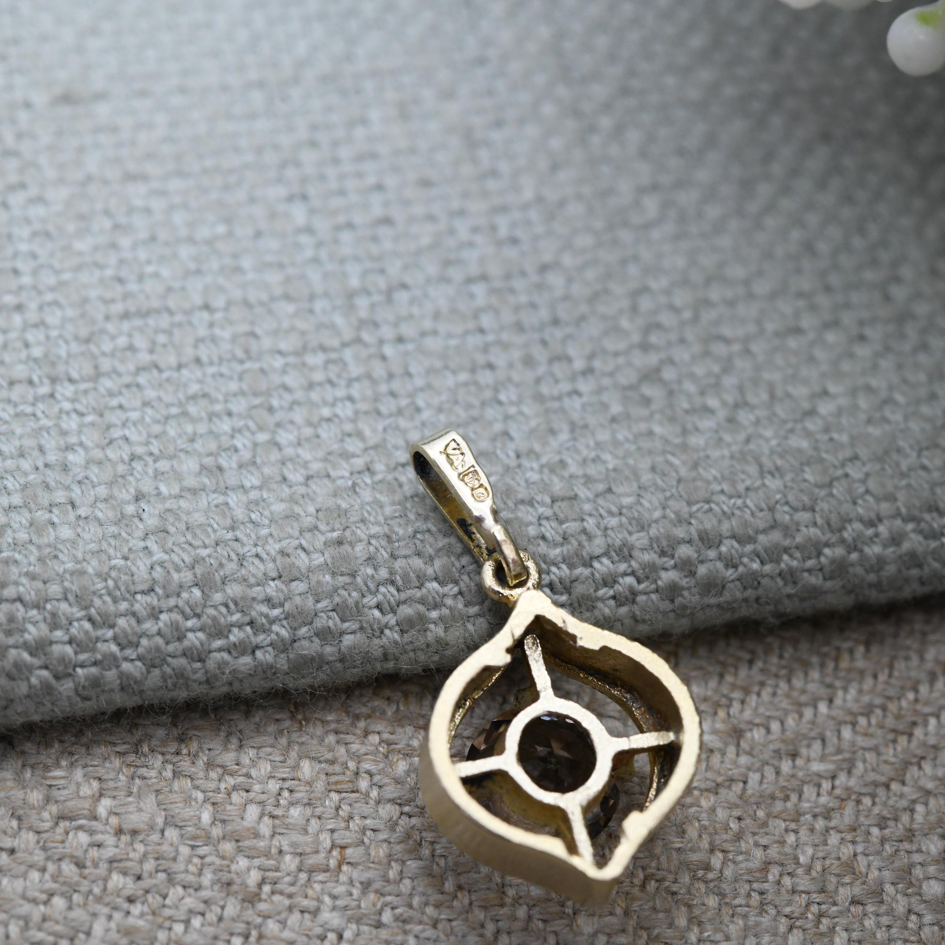 Vintage 9ct Gold Smoky Quartz Pendant 1977 - Ornate Gemstone Necklace Charm Pendant | Mid-Century