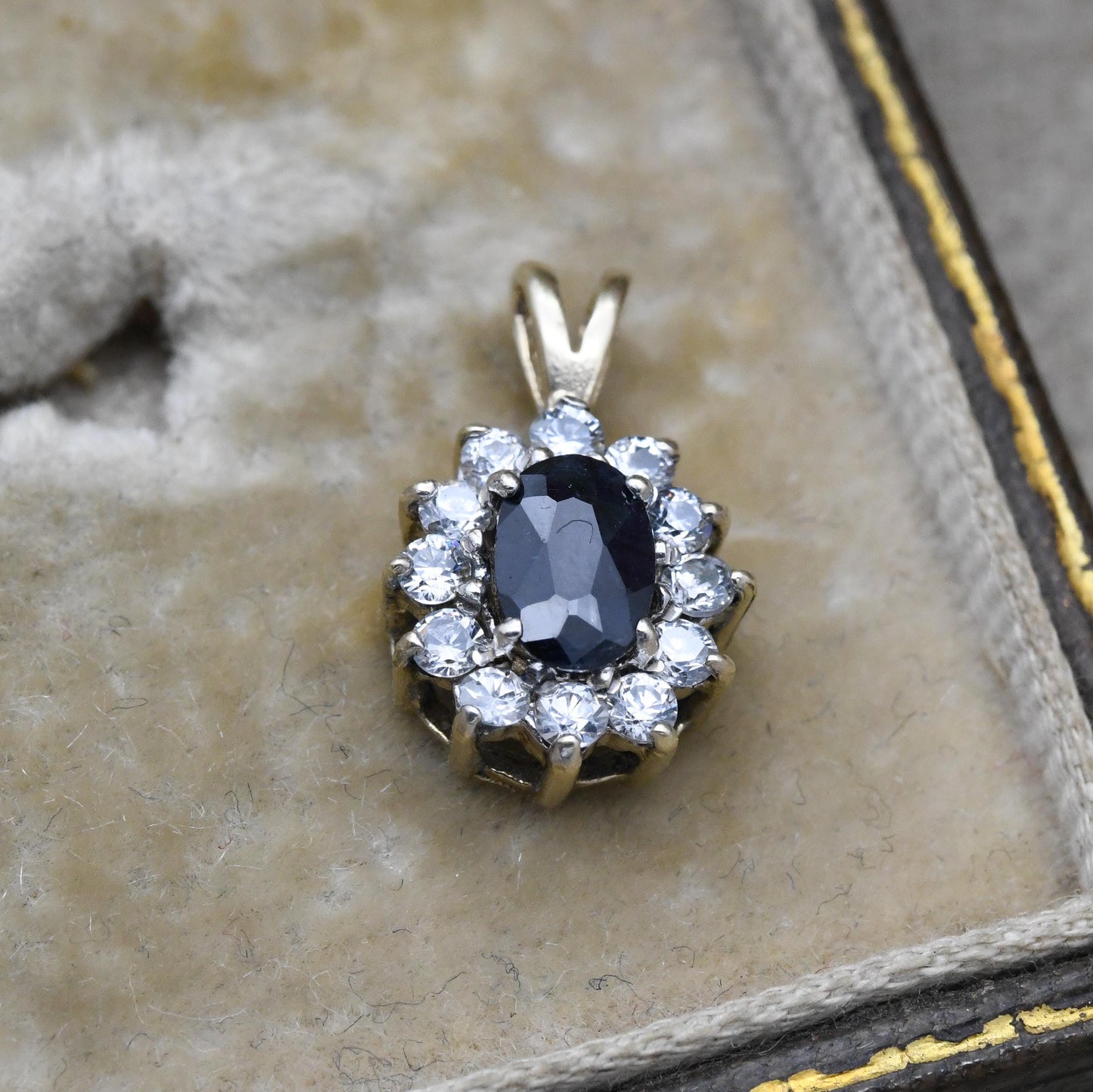 Vintage 9ct Gold Sapphire Cluster Pendant - Mid-Century Miniature Sparkly Charm | Pretty Solid Gold Gift for Her