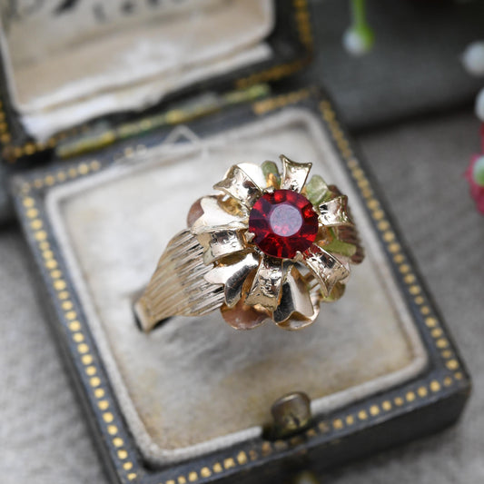 Vintage Italian 18ct Gold Paste Flower Ring c. 1960s Mid-Century Statement Jewellery | UK Size P 1/2 | US Size 8