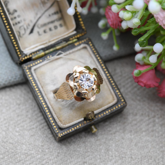 Vintage Italian 18ct Gold Paste Flower Ring c. 1960s Mid-Century Statement Jewellery | UK Size Q | US Size 8 1/2