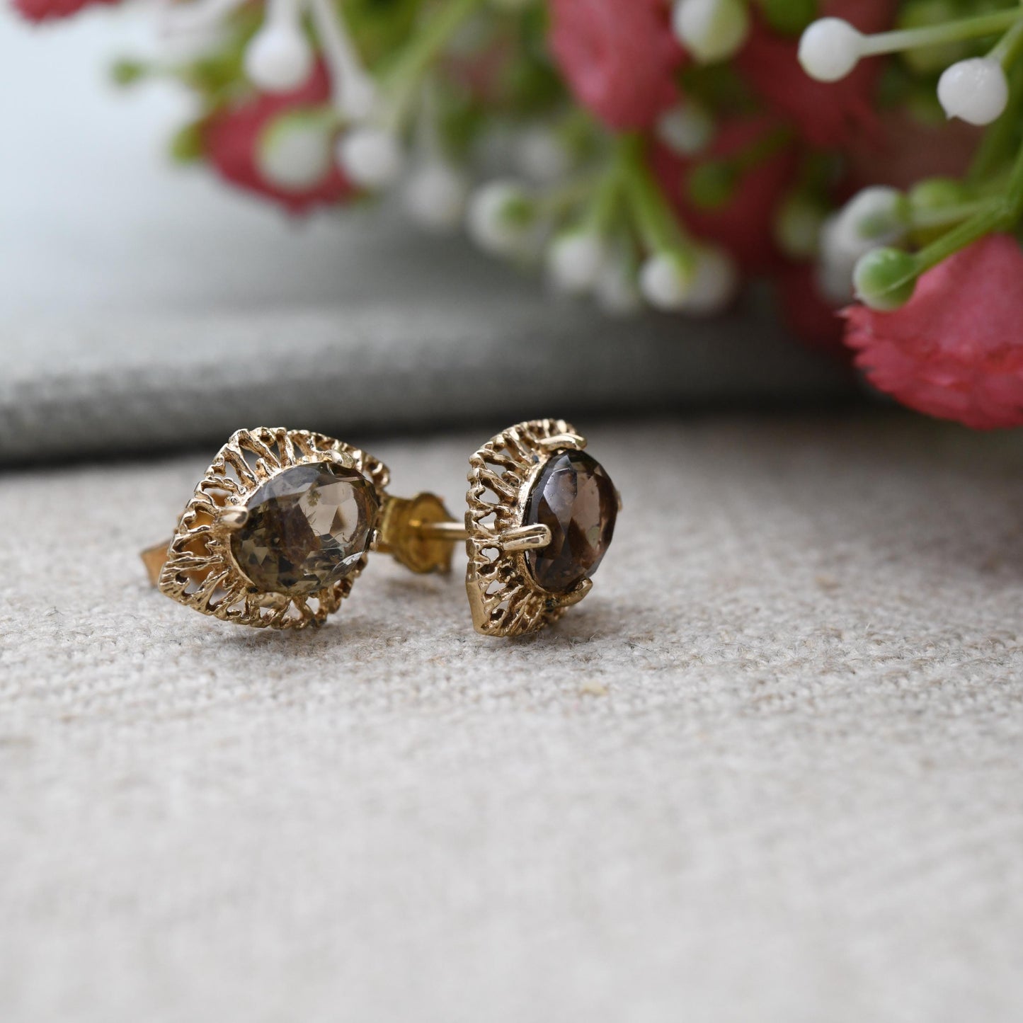 Vintage 9ct Gold Smoky Quartz Prong Set Stud Earrings - Diamond Shaped Openwork Milgrain Border | Butterfly Back | Everyday Stud Earrings