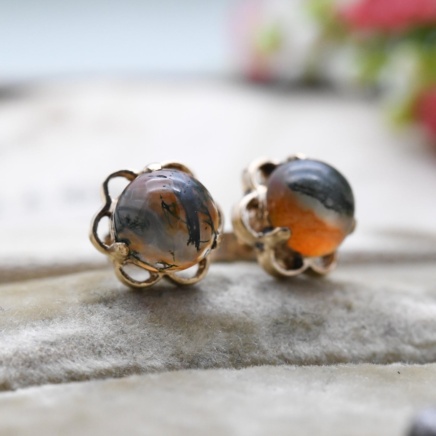 Vintage 9ct Gold Moss Agate Cabochon Stud Earrings - Prong Set Openwork Border | Gold Gift for Her | Butterfly Back | Everyday Stud Earrings