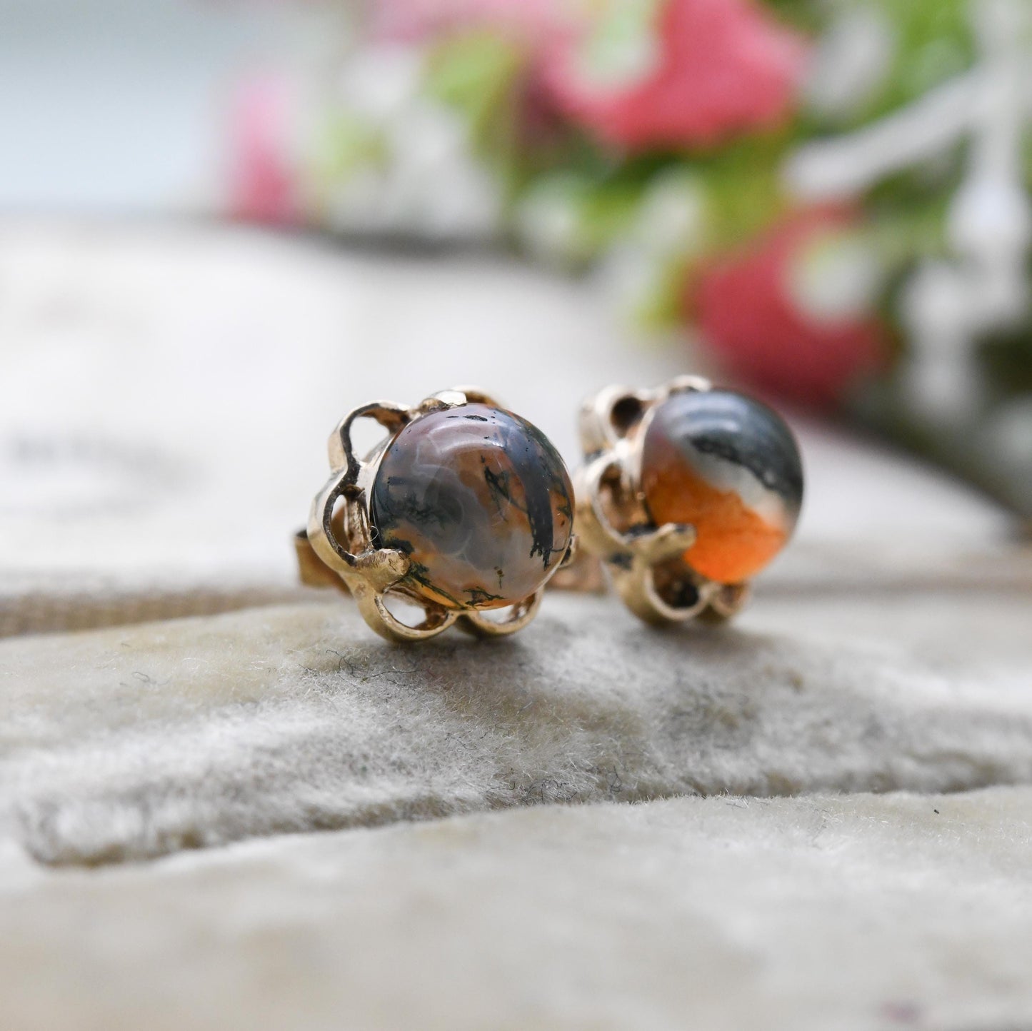 Vintage 9ct Gold Moss Agate Cabochon Stud Earrings - Prong Set Openwork Border | Gold Gift for Her | Butterfly Back | Everyday Stud Earrings
