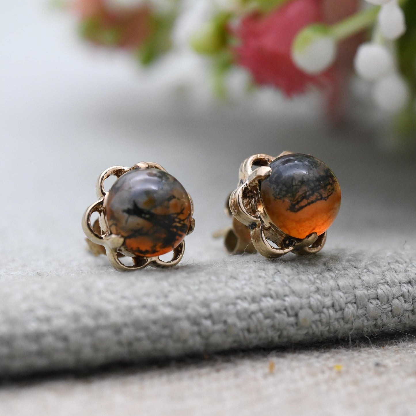 Vintage 9ct Gold Moss Agate Cabochon Stud Earrings - Prong Set Openwork Border | Gold Gift for Her | Butterfly Back | Everyday Stud Earrings