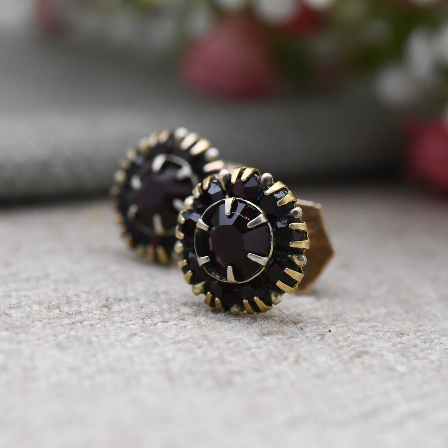 Vintage 9ct Gold Red Paste Cluster Stud Earrings - Sparkly Red Gemstone | Gold Birthday Gift | Butterfly Back | Everyday Stud Earrings