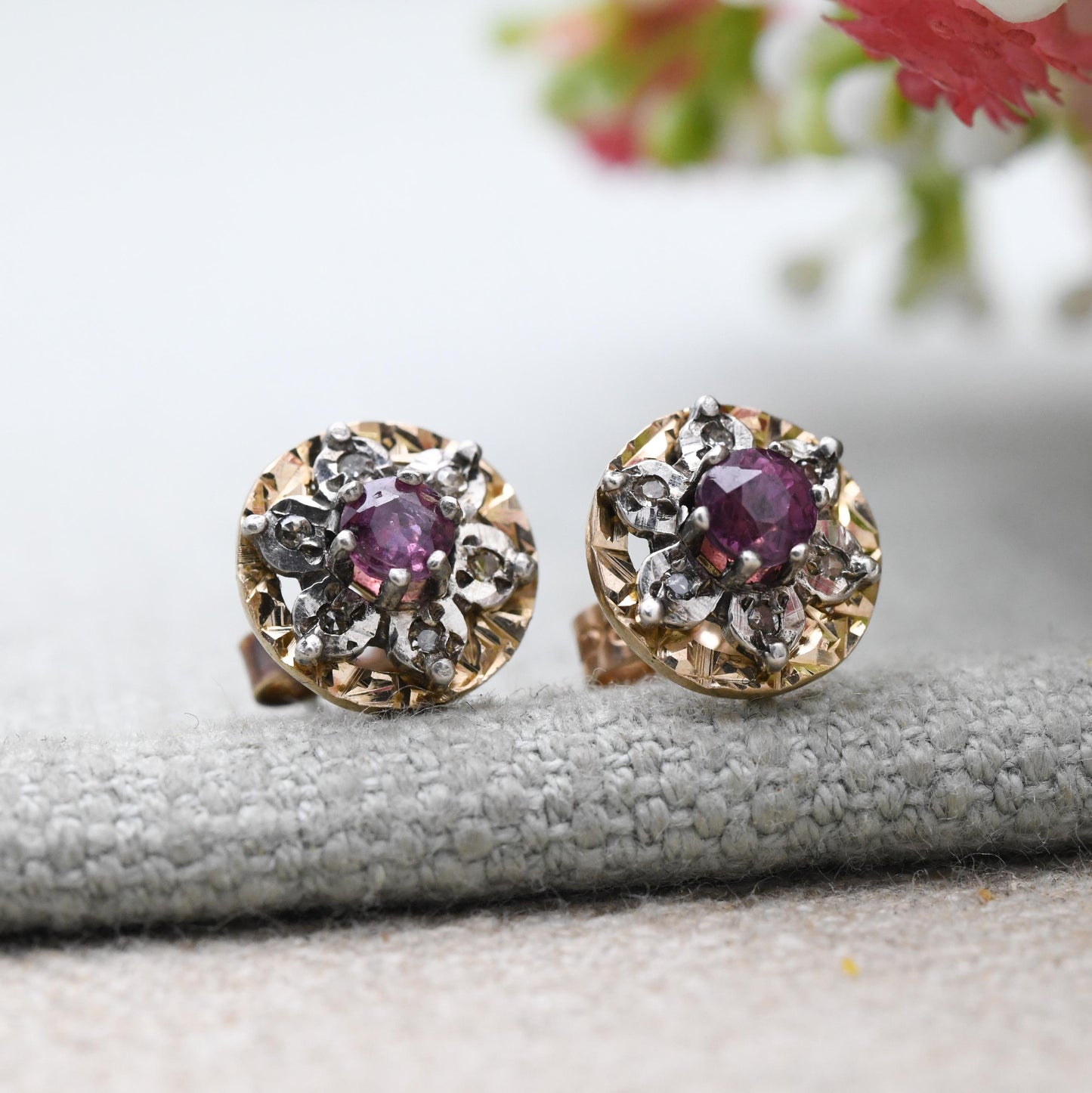 Vintage 9ct Gold Ruby Diamond Cluster Earrings - Flower Studs | July Birthstone Gift | Butterfly Back | Solid Gold