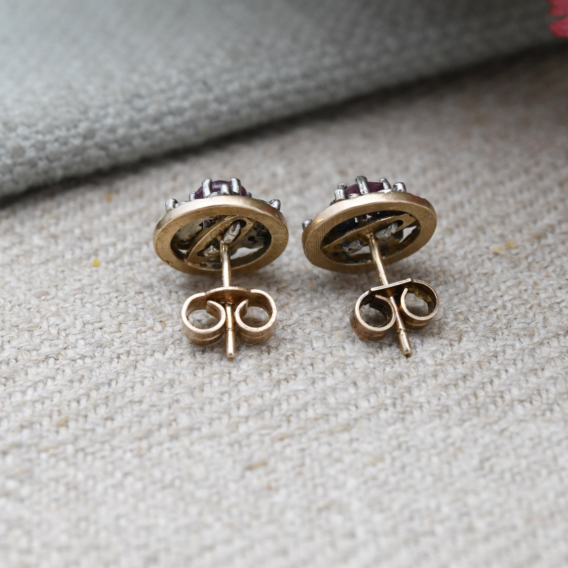 Vintage 9ct Gold Ruby Diamond Cluster Earrings - Flower Studs | July Birthstone Gift | Butterfly Back | Solid Gold