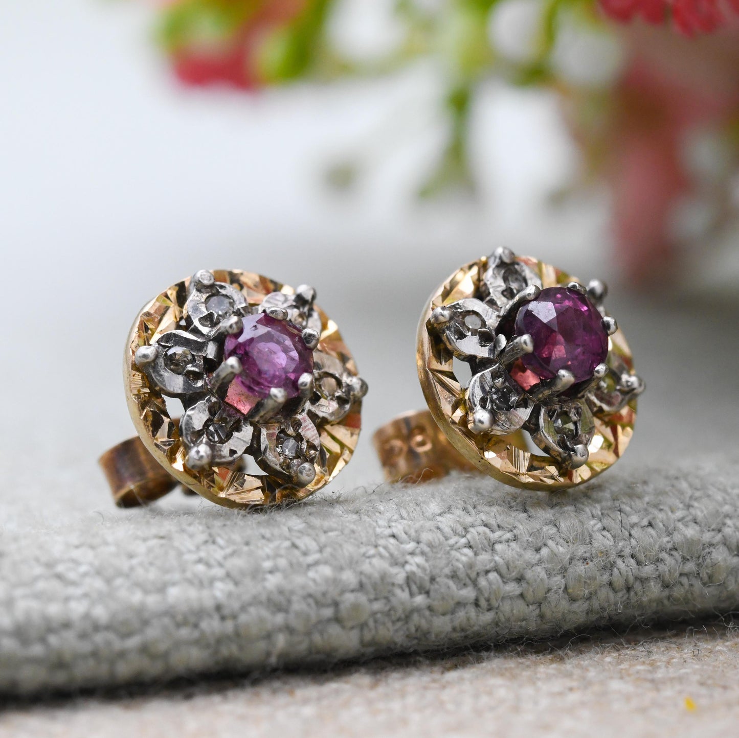 Vintage 9ct Gold Ruby Diamond Cluster Earrings - Flower Studs | July Birthstone Gift | Butterfly Back | Solid Gold